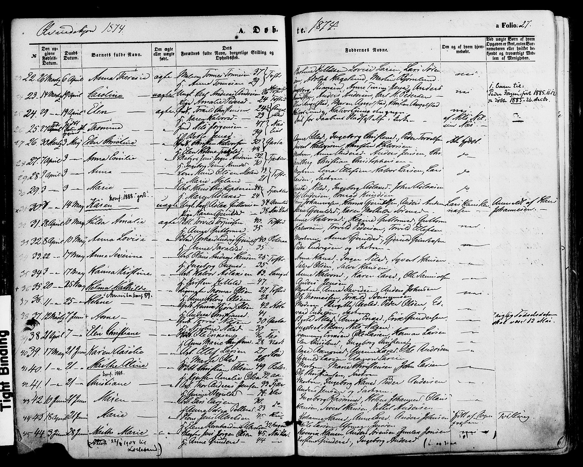 Holt sokneprestkontor, AV/SAK-1111-0021/F/Fa/L0010: Parish register (official) no. A 10, 1872-1885, p. 27