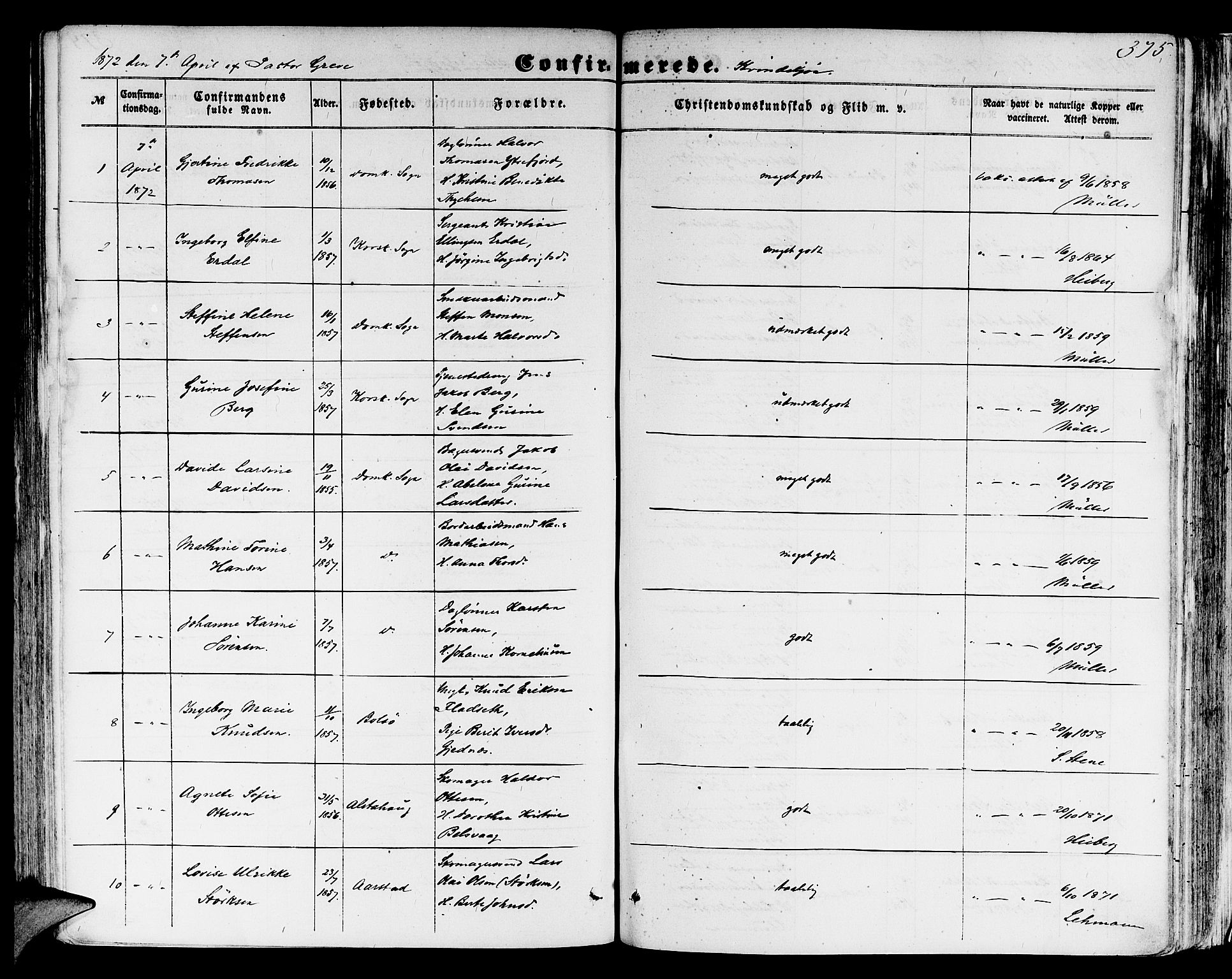 Domkirken sokneprestembete, SAB/A-74801/H/Hab/L0023: Parish register (copy) no. C 3, 1854-1880, p. 375
