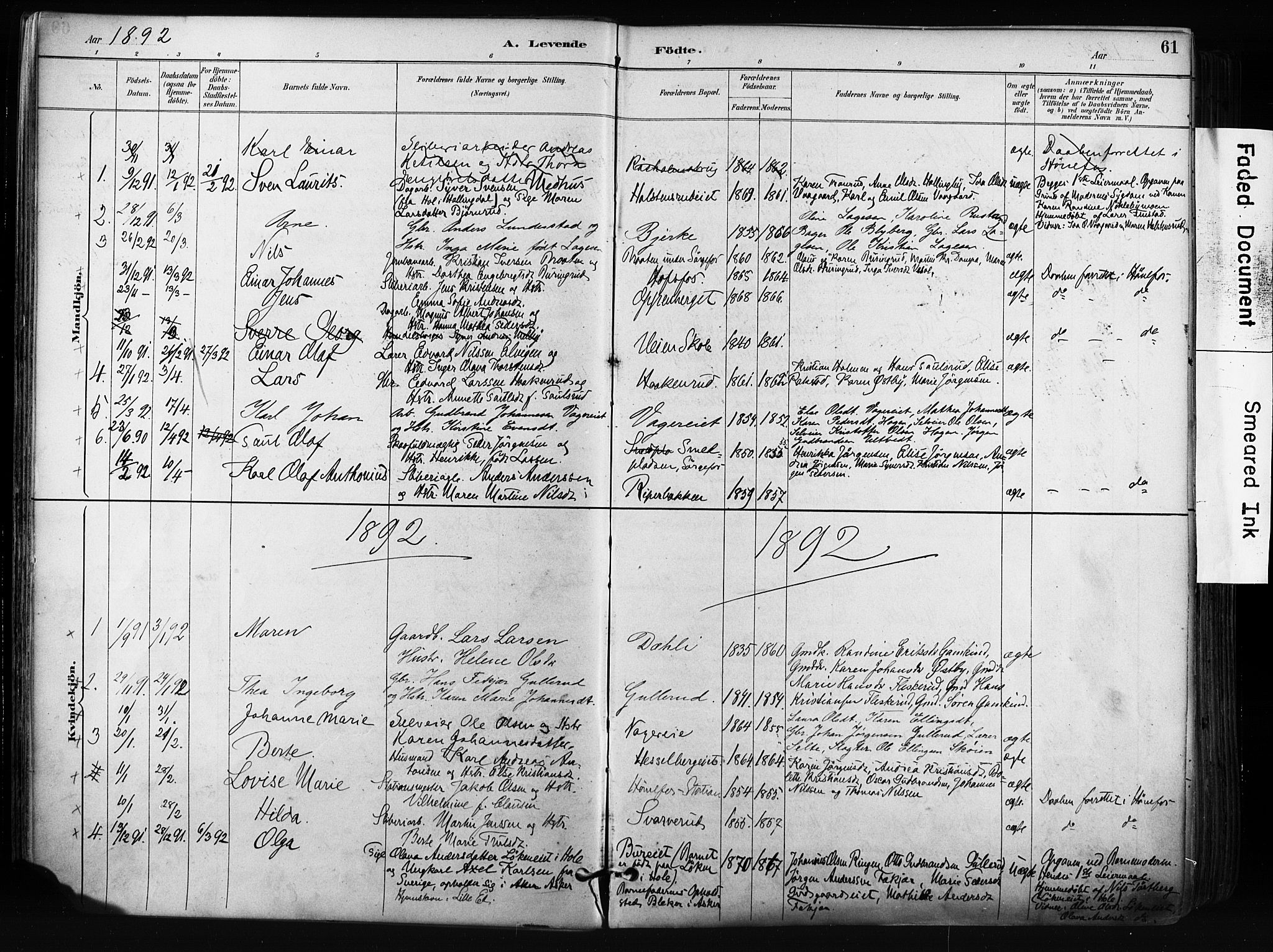 Norderhov kirkebøker, AV/SAKO-A-237/F/Fa/L0016: Parish register (official) no. 16, 1885-1902, p. 61