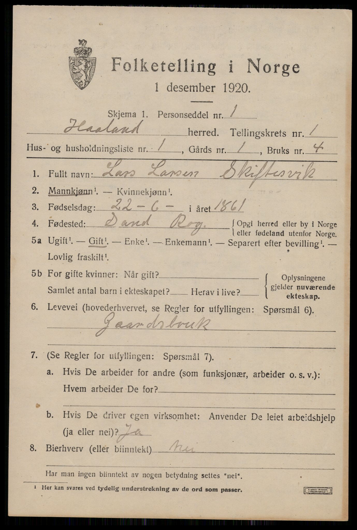 SAST, 1920 census for Håland, 1920, p. 1715