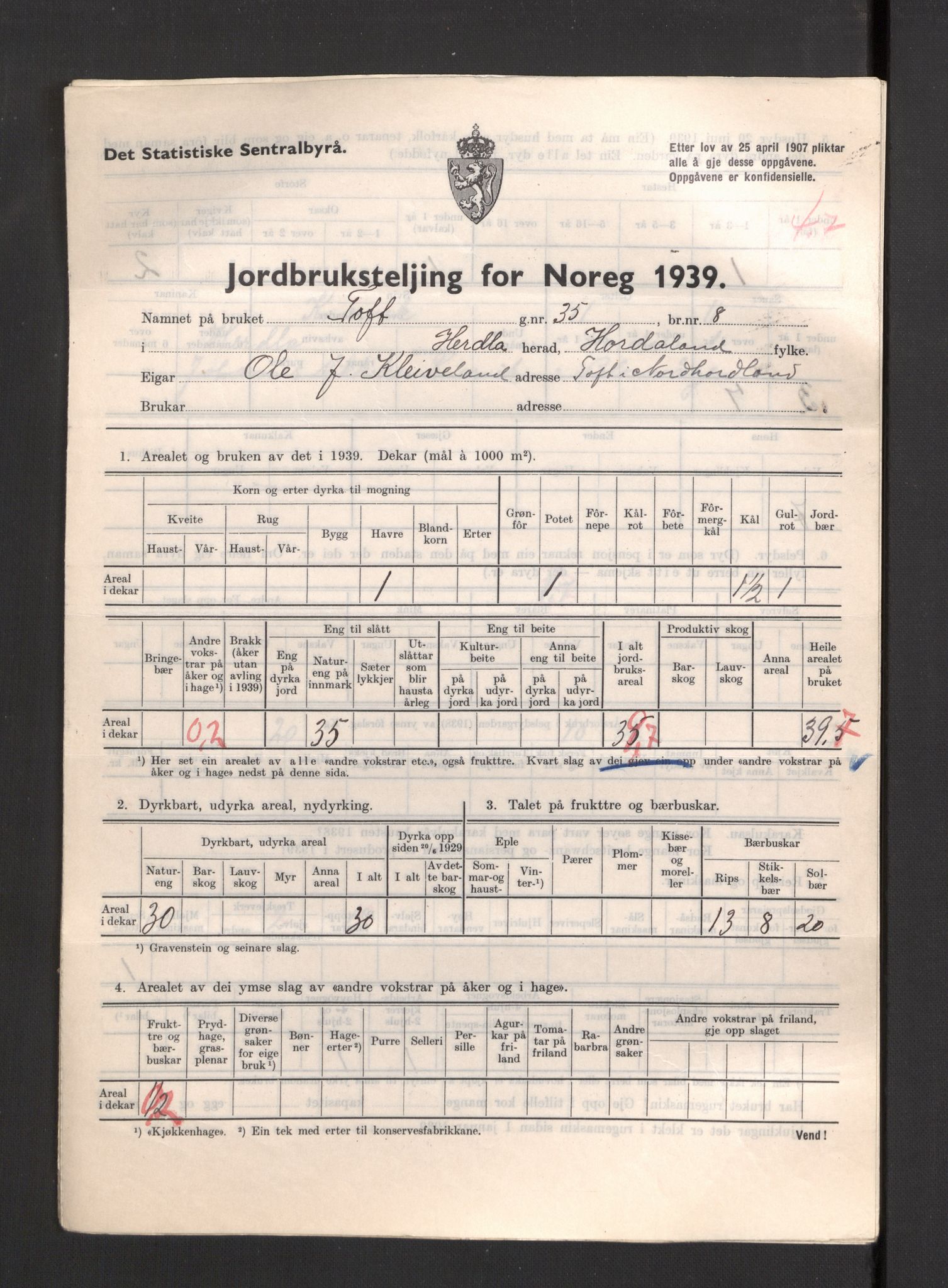 Statistisk sentralbyrå, Næringsøkonomiske emner, Jordbruk, skogbruk, jakt, fiske og fangst, AV/RA-S-2234/G/Gb/L0211: Hordaland: Herdla, Hjelme og Manger, 1939, p. 999