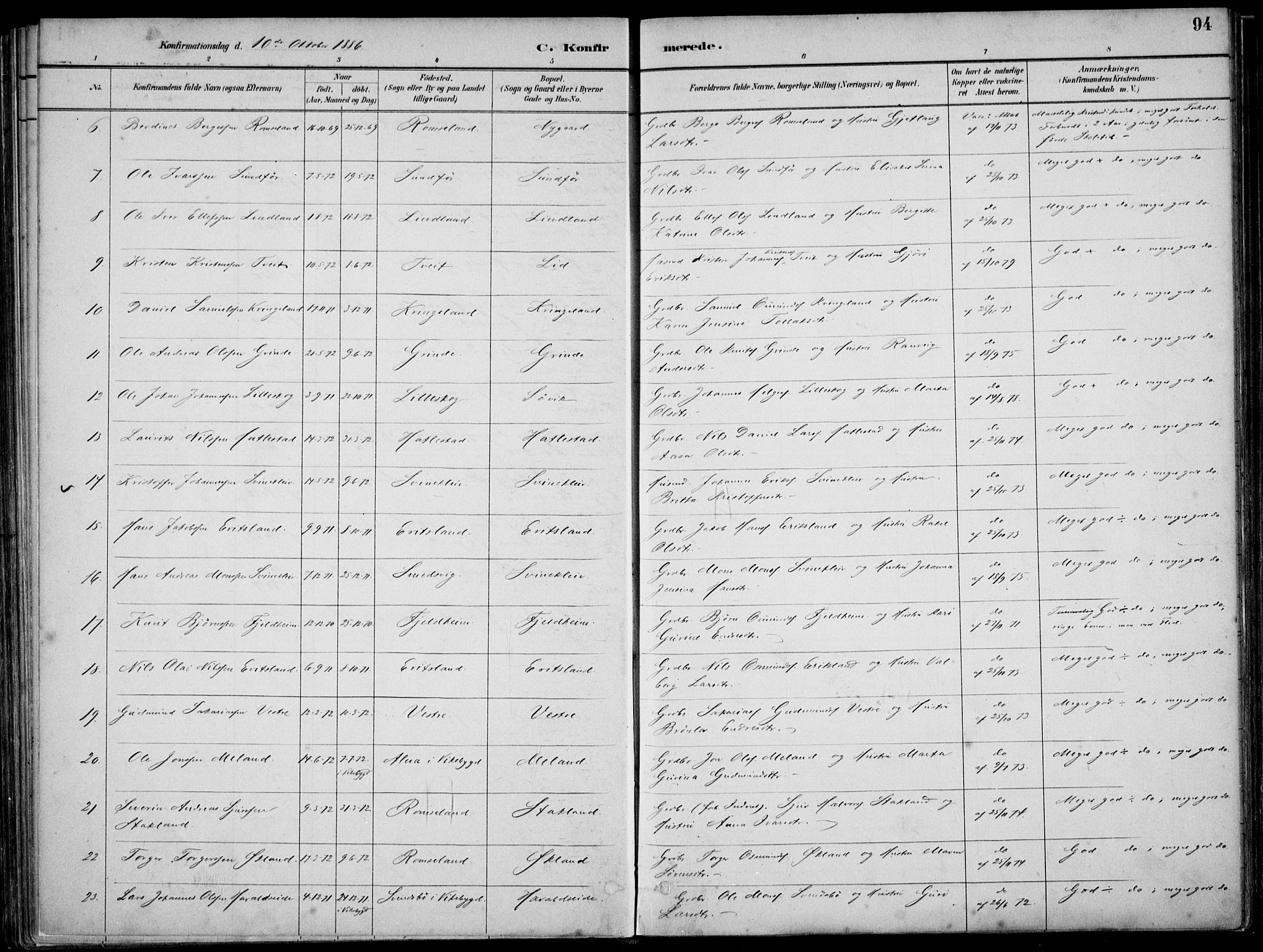 Skjold sokneprestkontor, AV/SAST-A-101847/H/Ha/Haa/L0010: Parish register (official) no. A 10, 1882-1897, p. 94