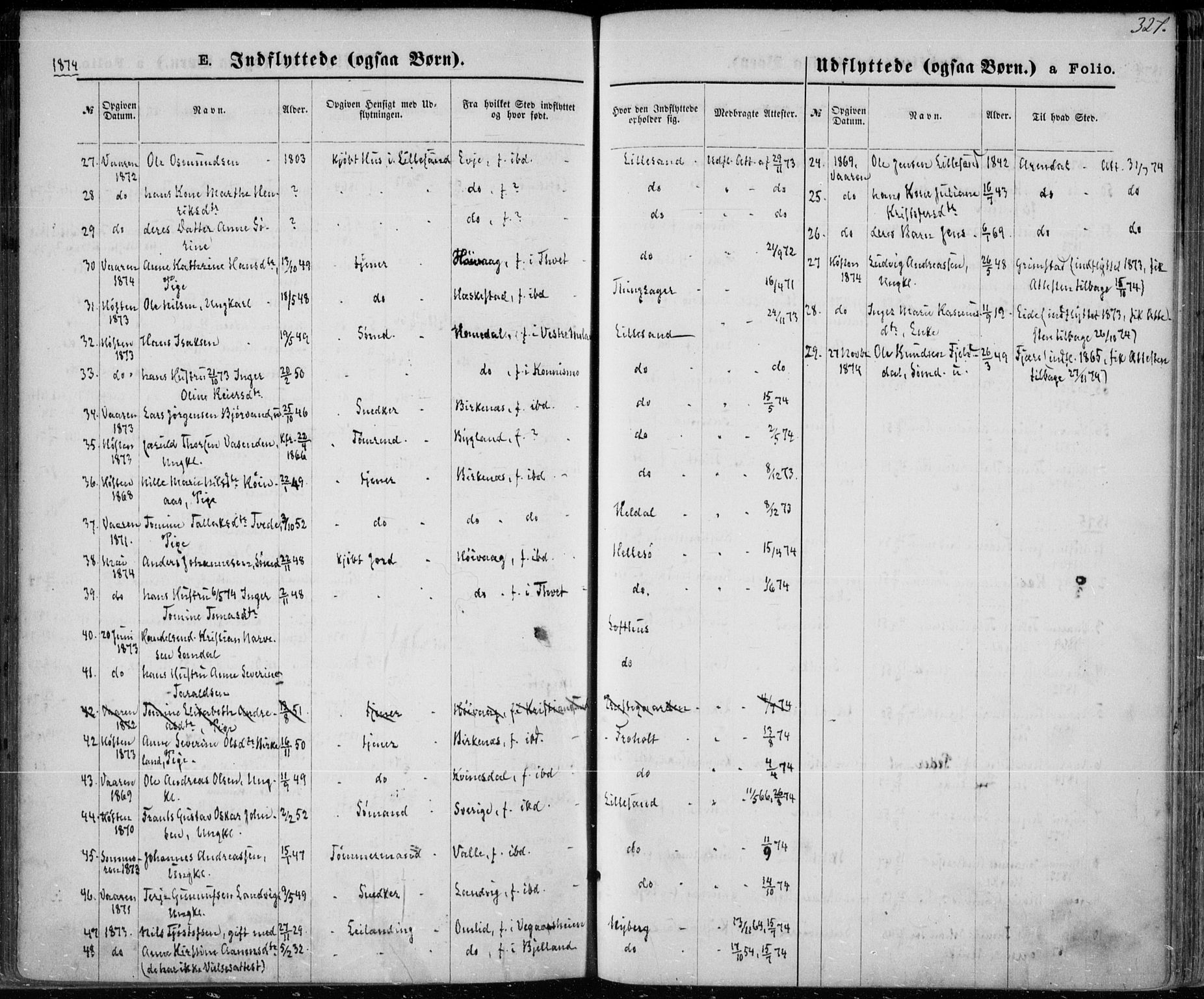 Vestre Moland sokneprestkontor, AV/SAK-1111-0046/F/Fa/Fab/L0008: Parish register (official) no. A 8, 1873-1883, p. 327