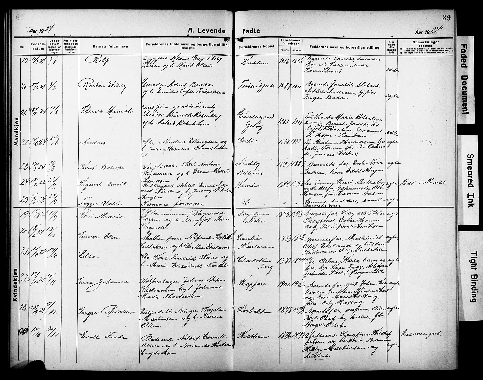 Moss prestekontor Kirkebøker, AV/SAO-A-2003/G/Gb/L0004: Parish register (copy) no. II 4, 1920-1932, p. 39