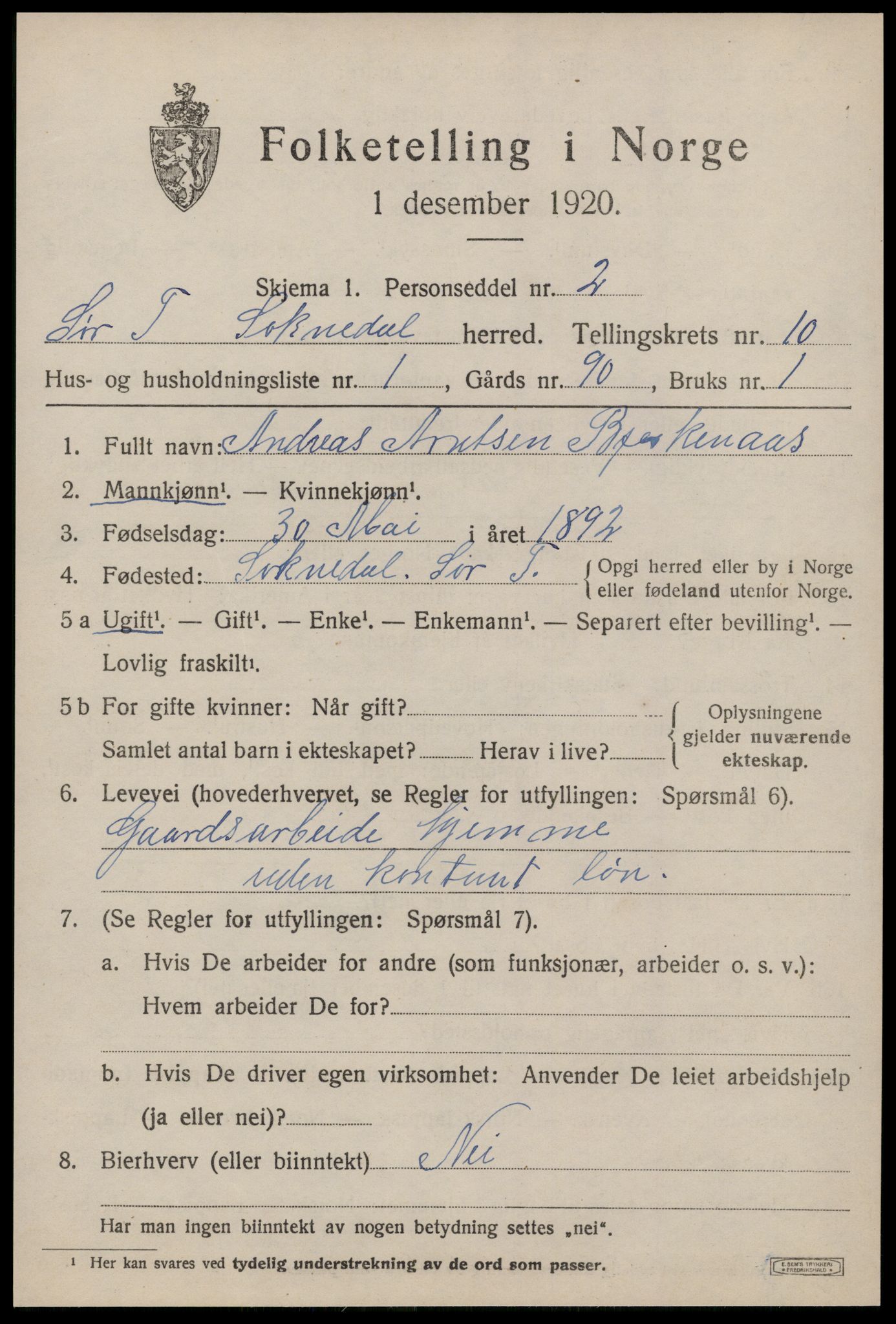 SAT, 1920 census for Soknedal, 1920, p. 4588