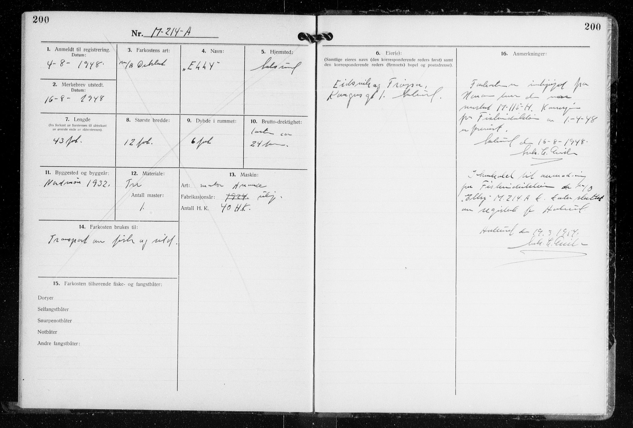 Fiskeridirektoratet - 1 Adm. ledelse - 13 Båtkontoret, AV/SAB-A-2003/I/Ia/Iaf/L0148: 135.0669/4 Merkeprotokoll - Ålesund, 1939-1948, p. 200