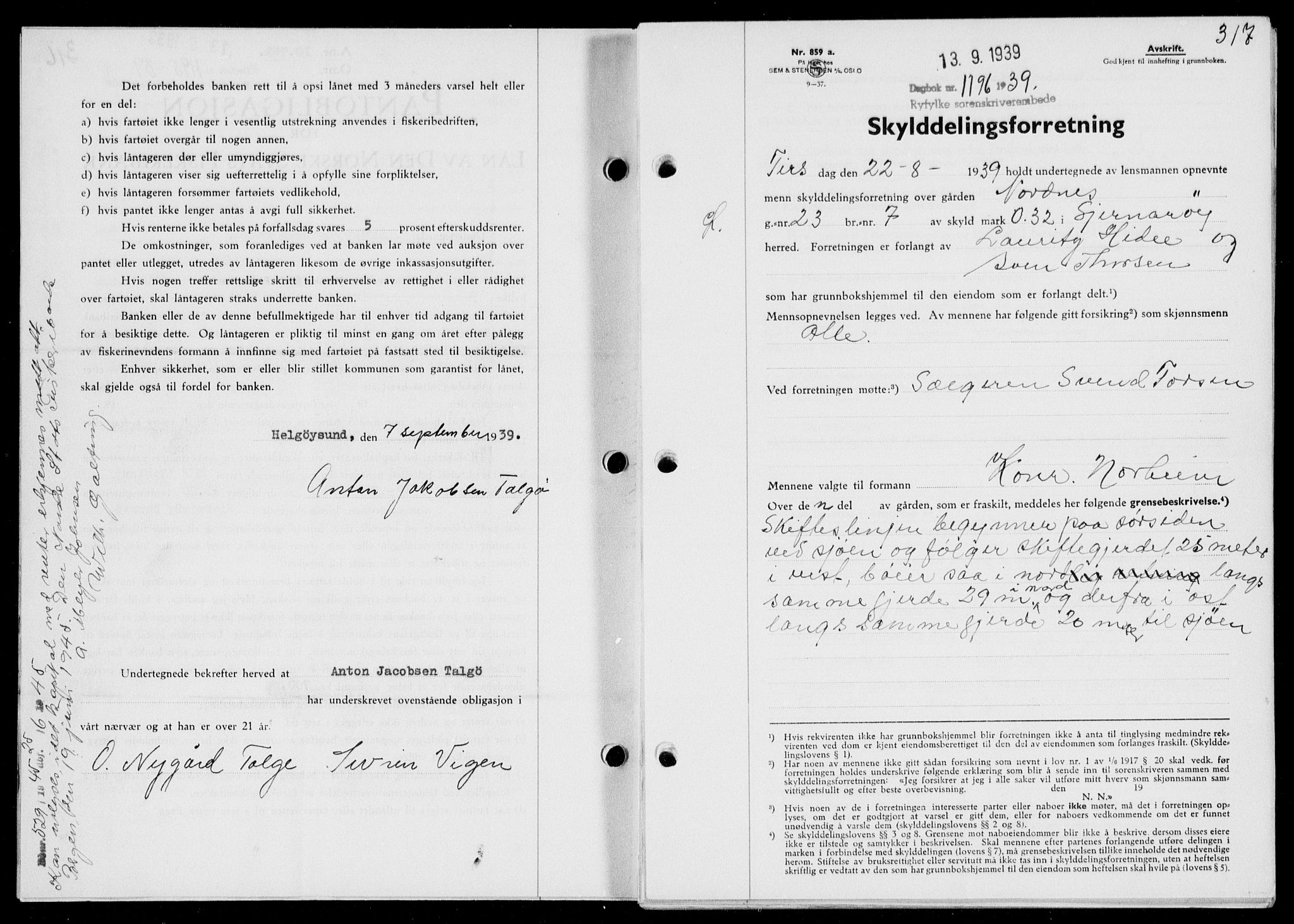 Ryfylke tingrett, SAST/A-100055/001/II/IIB/L0080: Mortgage book no. 59, 1939-1939, Diary no: : 1196/1939
