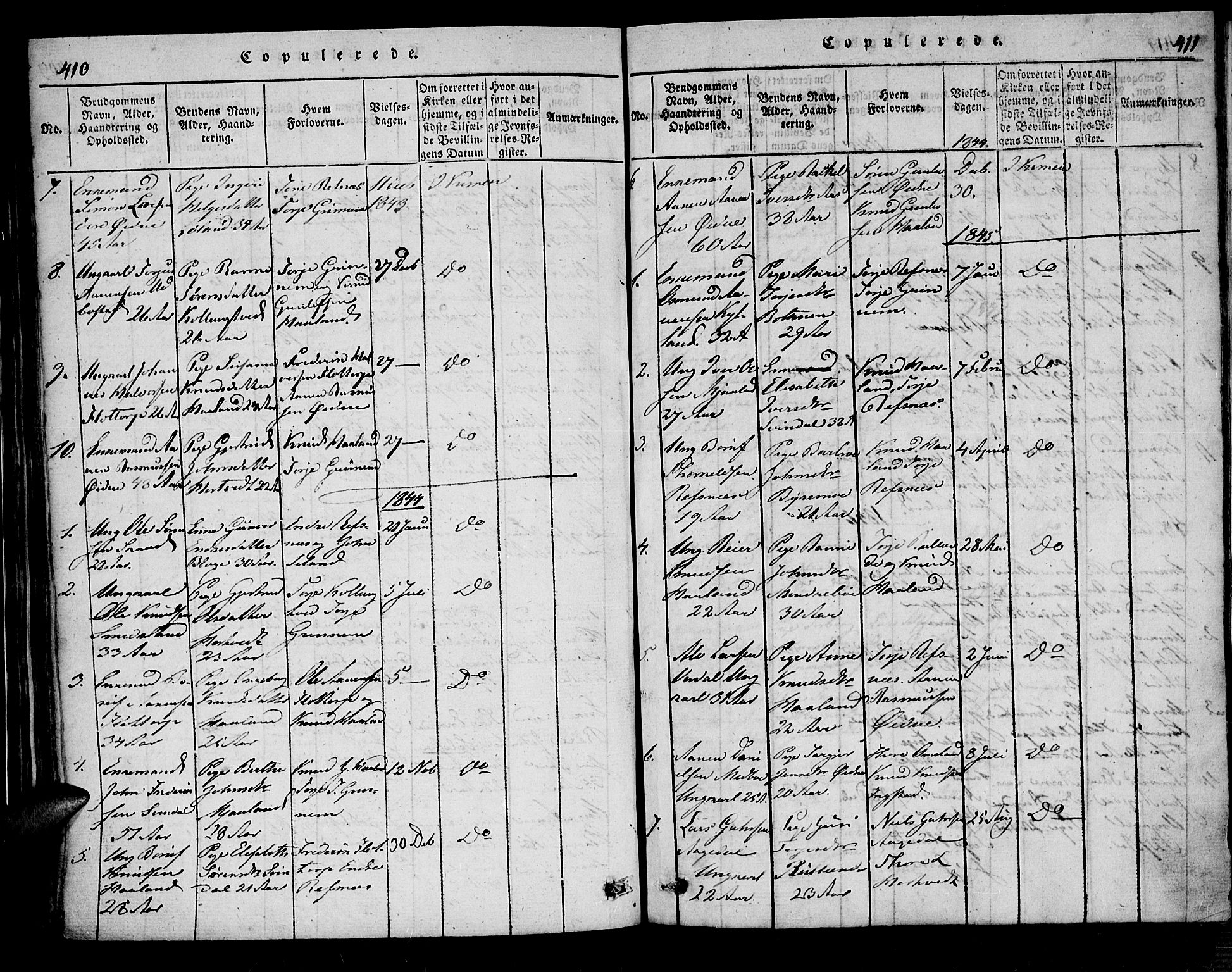 Bjelland sokneprestkontor, SAK/1111-0005/F/Fa/Fac/L0001: Parish register (official) no. A 1, 1815-1866, p. 410-411