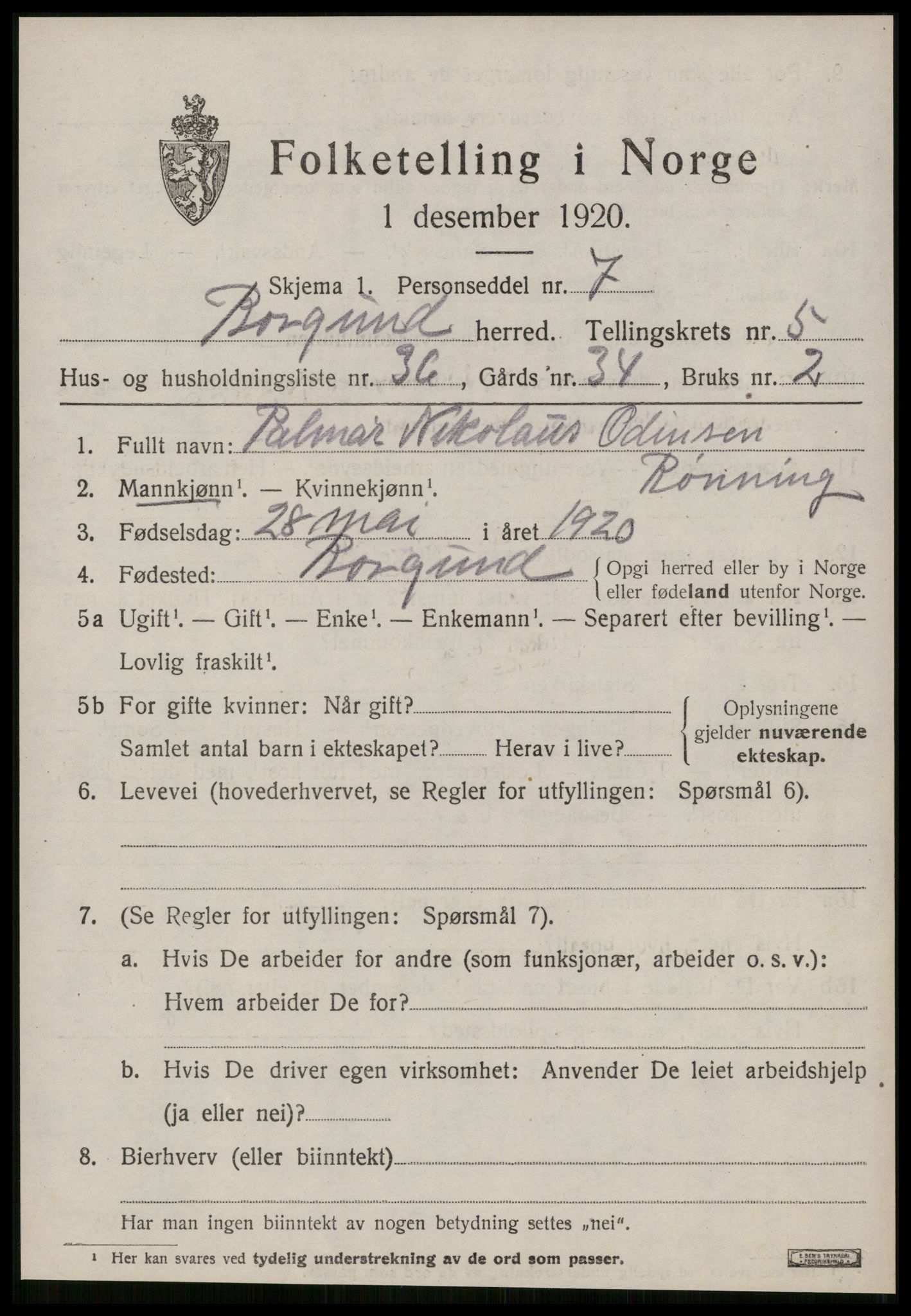 SAT, 1920 census for Borgund, 1920, p. 4992