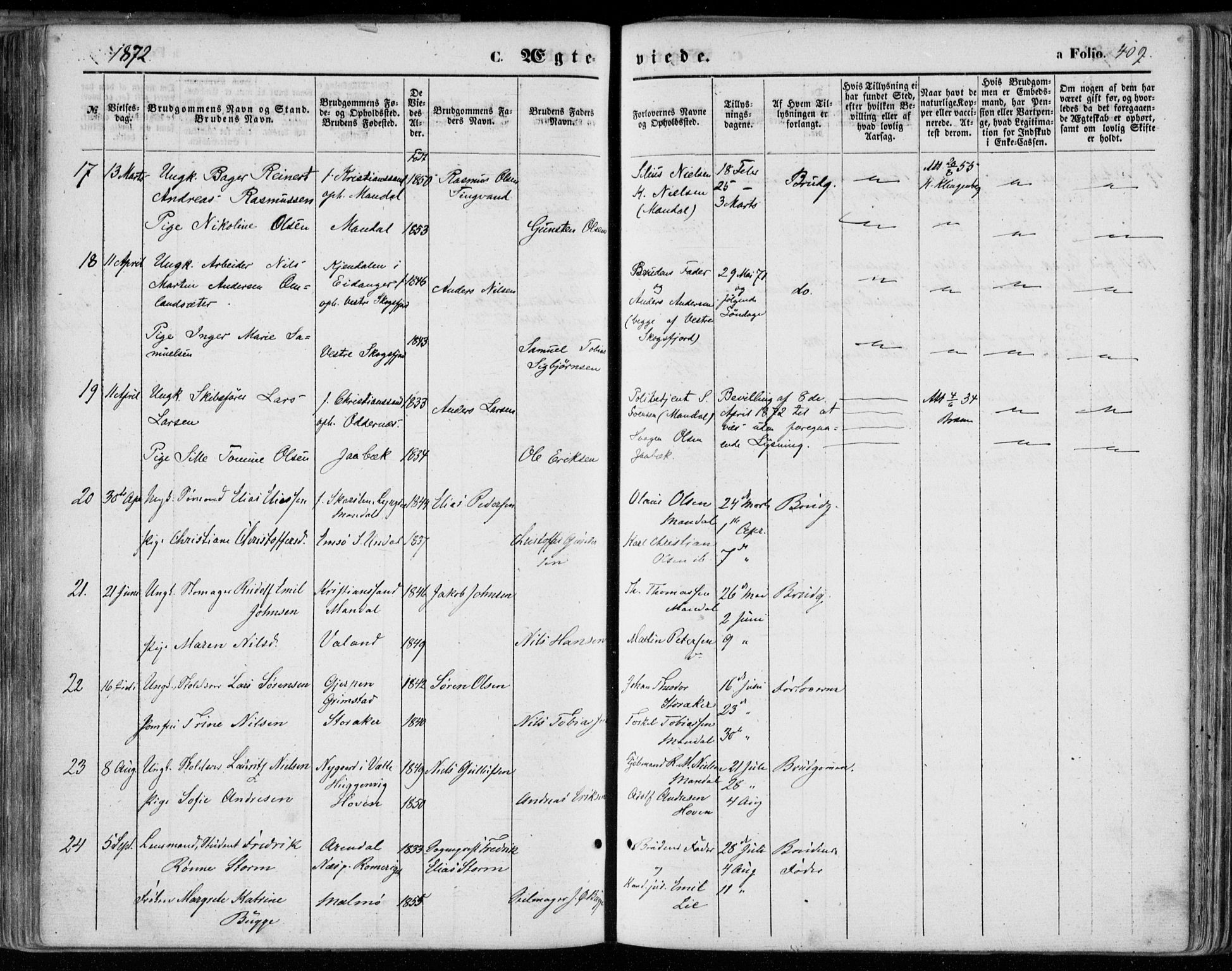 Mandal sokneprestkontor, AV/SAK-1111-0030/F/Fa/Faa/L0014: Parish register (official) no. A 14, 1859-1872, p. 409