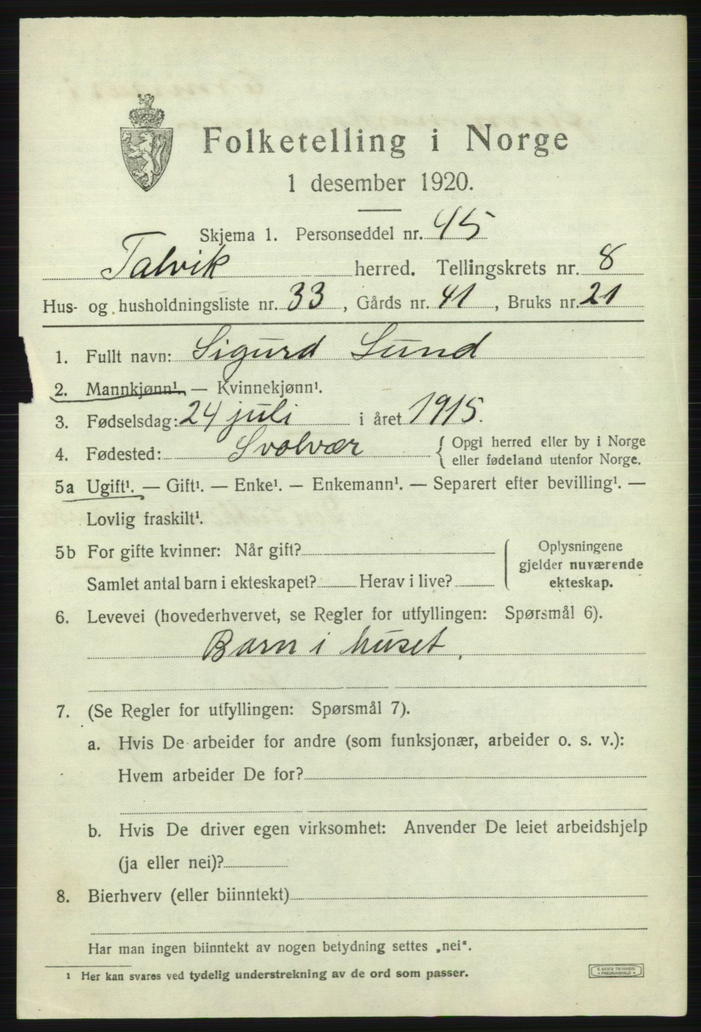 SATØ, 1920 census for Talvik, 1920, p. 5422