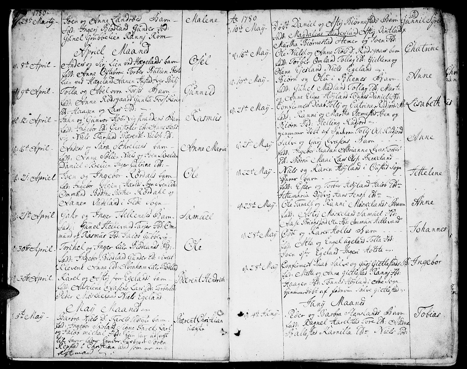 Lyngdal sokneprestkontor, AV/SAK-1111-0029/F/Fa/Fac/L0004: Parish register (official) no. A 4, 1780-1815, p. 3