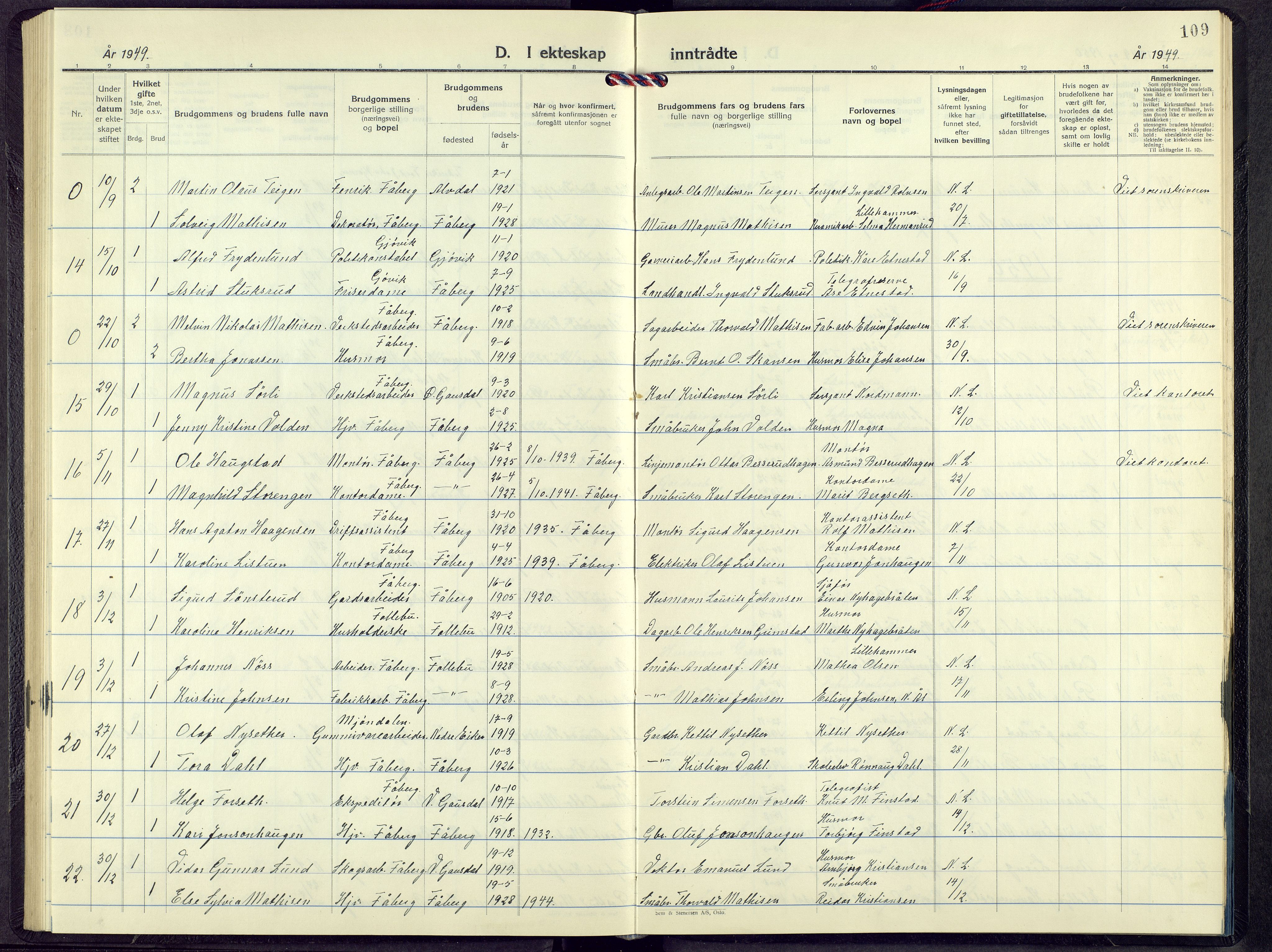 Fåberg prestekontor, AV/SAH-PREST-086/H/Ha/Hab/L0017: Parish register (copy) no. 17, 1946-1970, p. 109