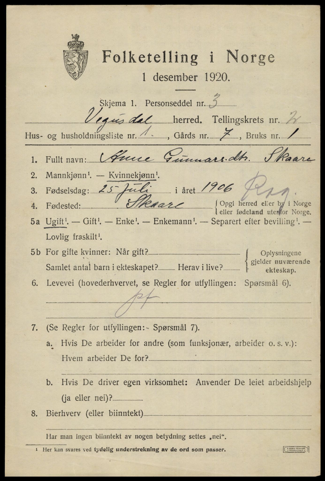 SAK, 1920 census for Vegusdal, 1920, p. 633