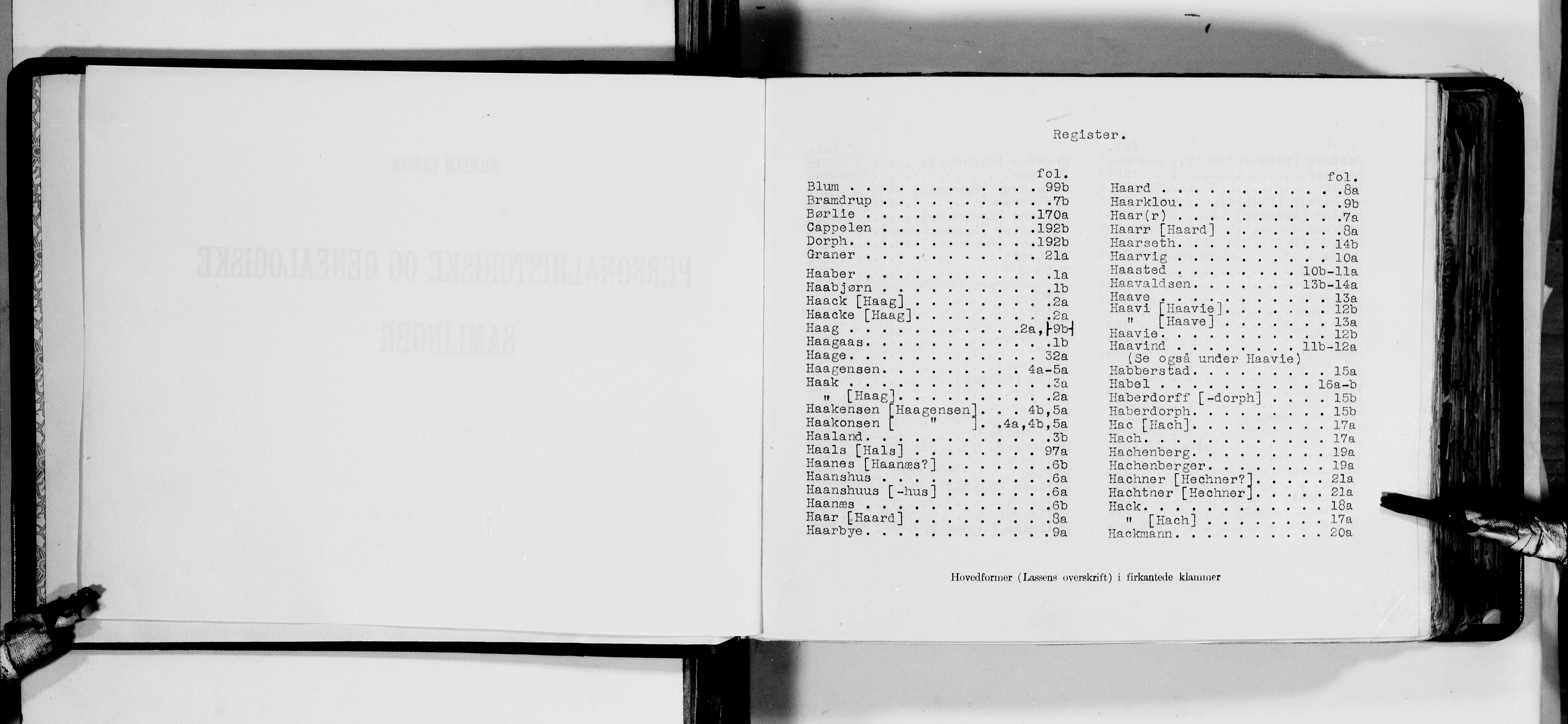 Lassens samlinger, AV/RA-PA-0051/F/Fa/L0017: Personalhistoriske og genealogiske opptegnelser: Haaber - Hals, 1500-1907