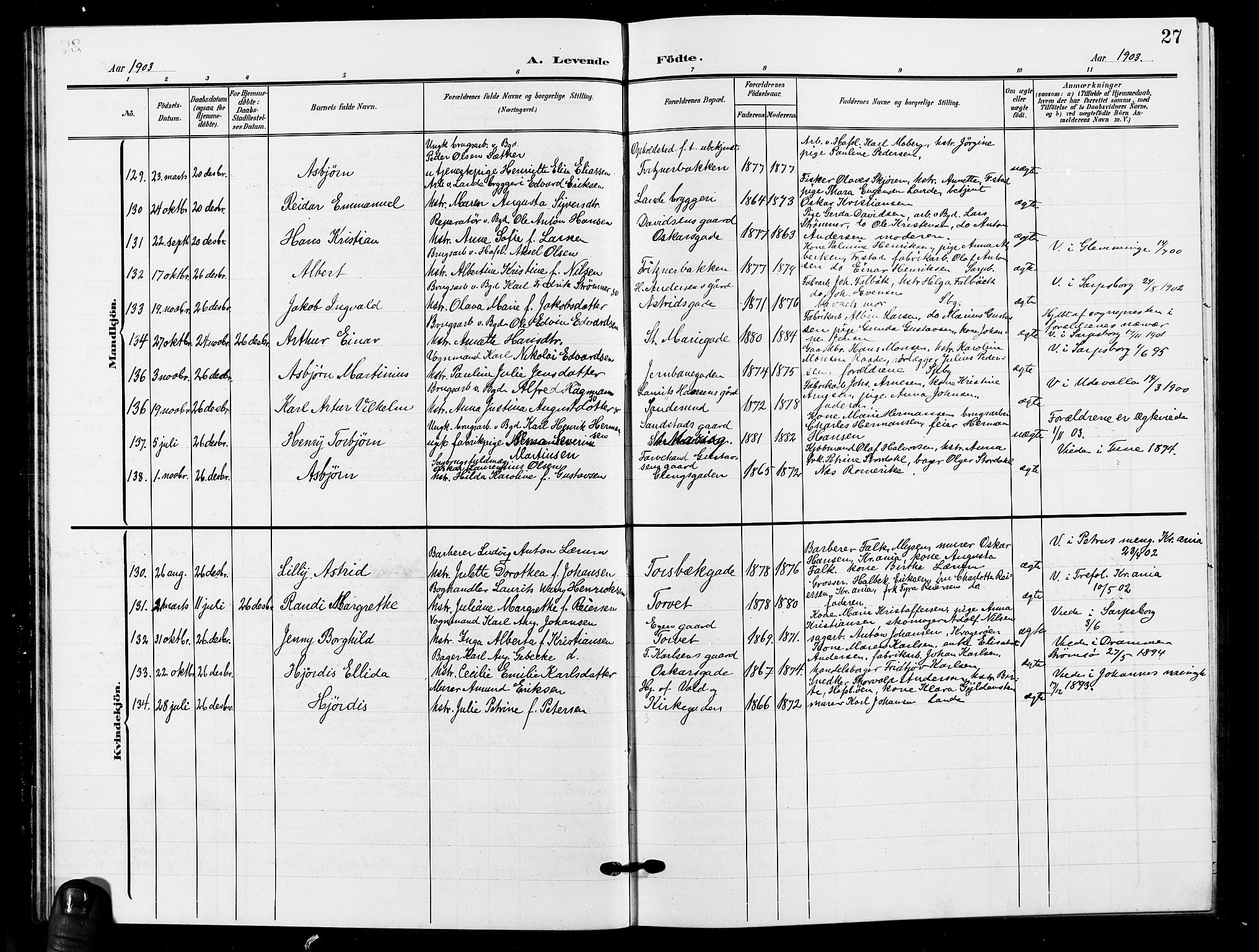 Sarpsborg prestekontor Kirkebøker, SAO/A-2006/G/Ga/L0001: Parish register (copy) no. 1, 1902-1911, p. 27