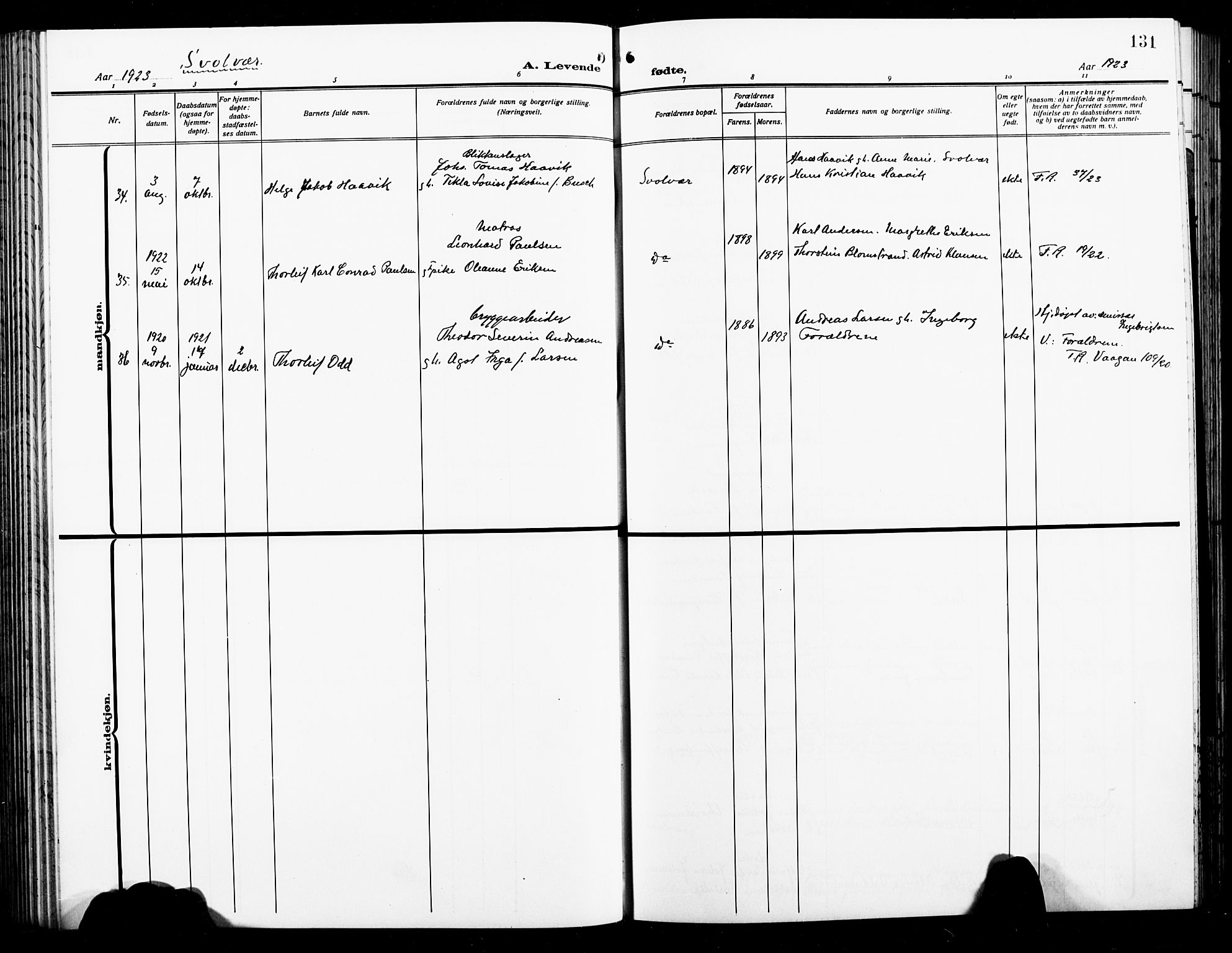 Ministerialprotokoller, klokkerbøker og fødselsregistre - Nordland, AV/SAT-A-1459/874/L1080: Parish register (copy) no. 874C09, 1915-1925, p. 131