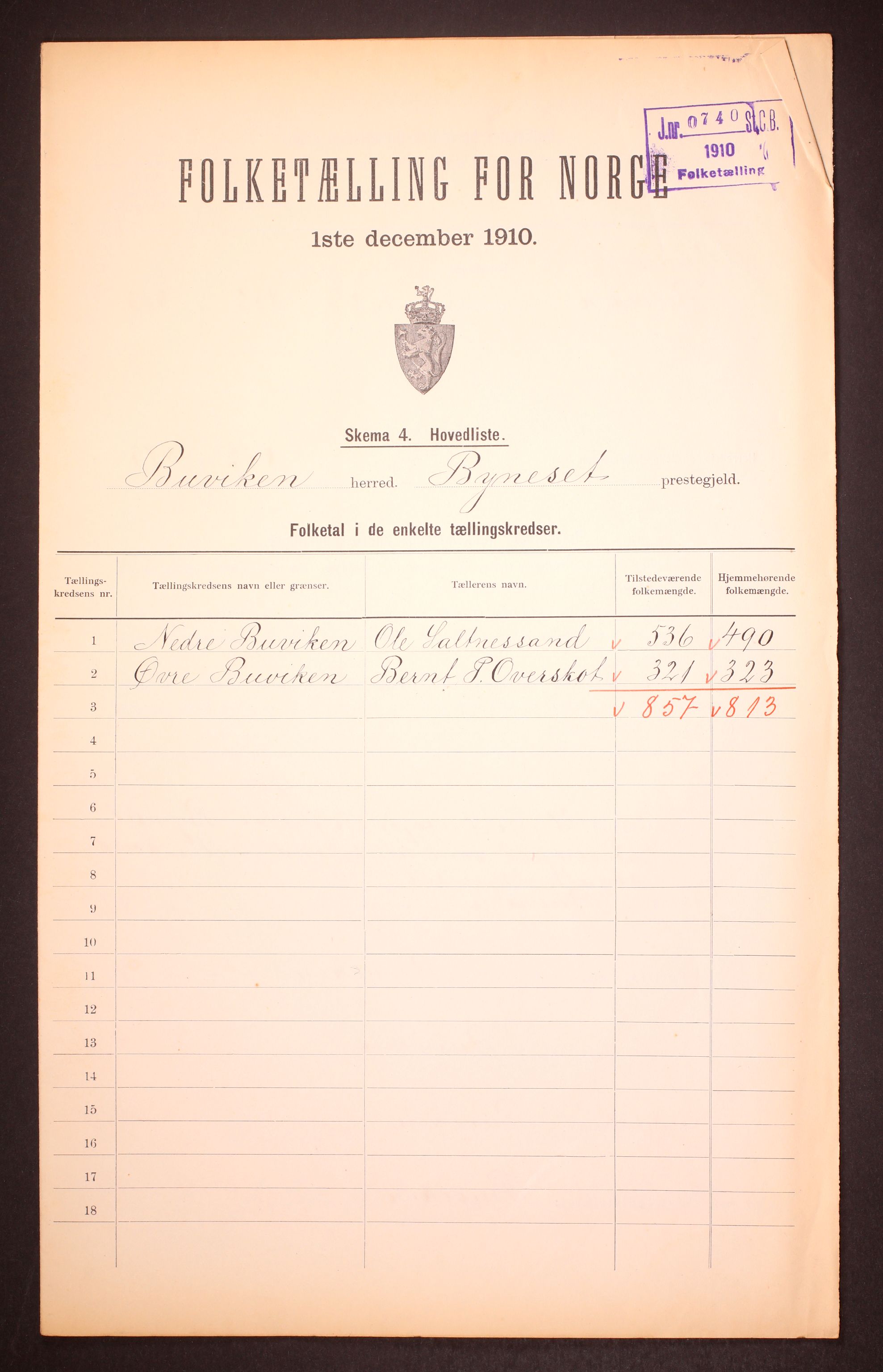 RA, 1910 census for Buvik, 1910, p. 1