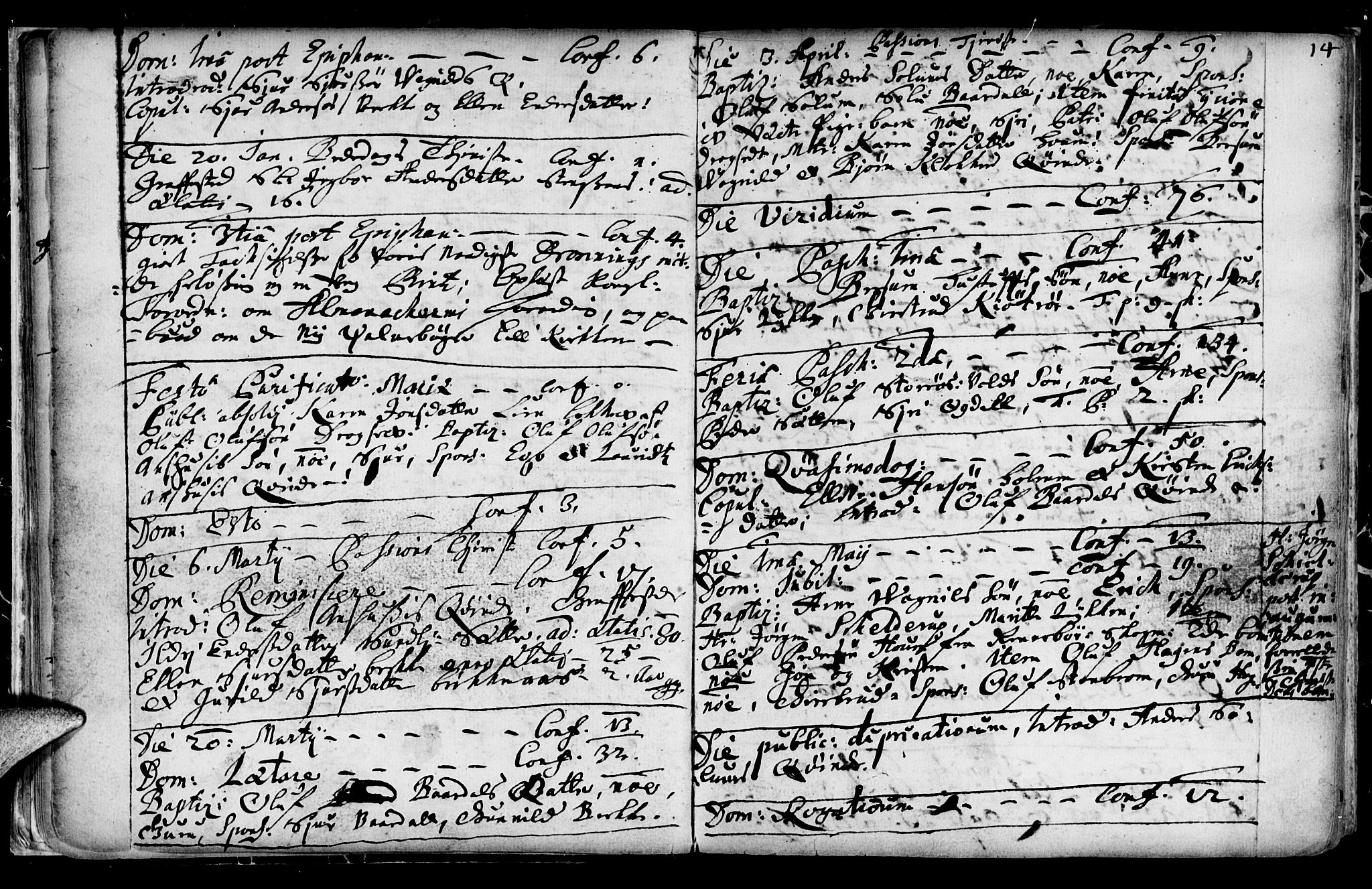Ministerialprotokoller, klokkerbøker og fødselsregistre - Sør-Trøndelag, SAT/A-1456/689/L1036: Parish register (official) no. 689A01, 1696-1746, p. 14
