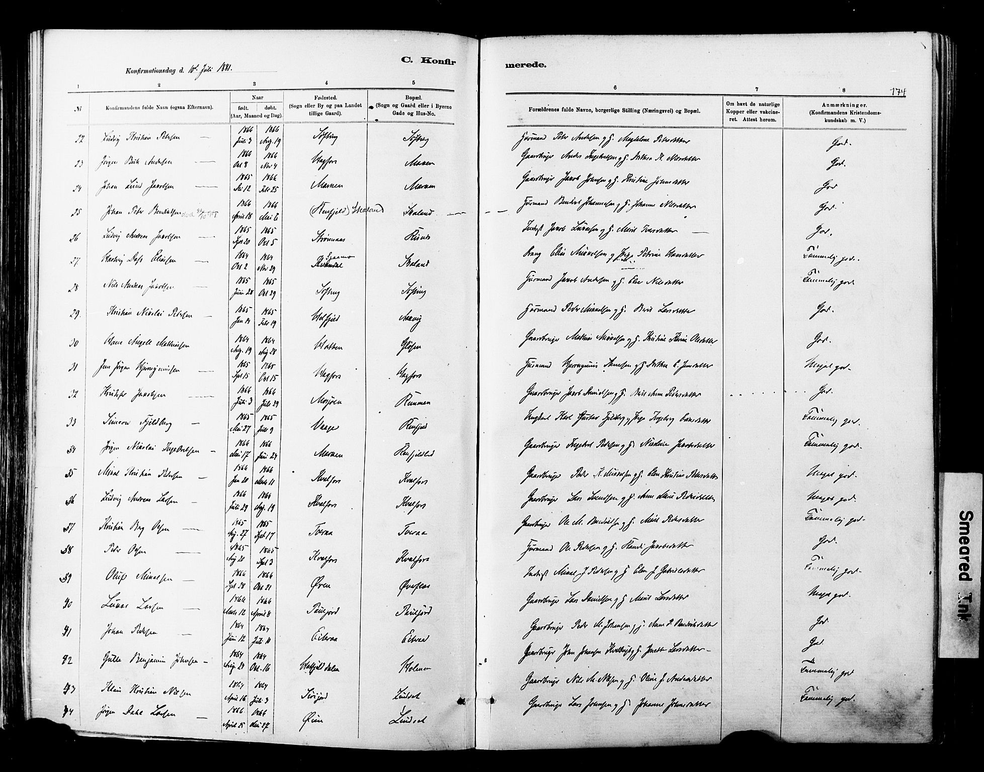 Ministerialprotokoller, klokkerbøker og fødselsregistre - Nordland, SAT/A-1459/820/L0295: Parish register (official) no. 820A16, 1880-1896, p. 174