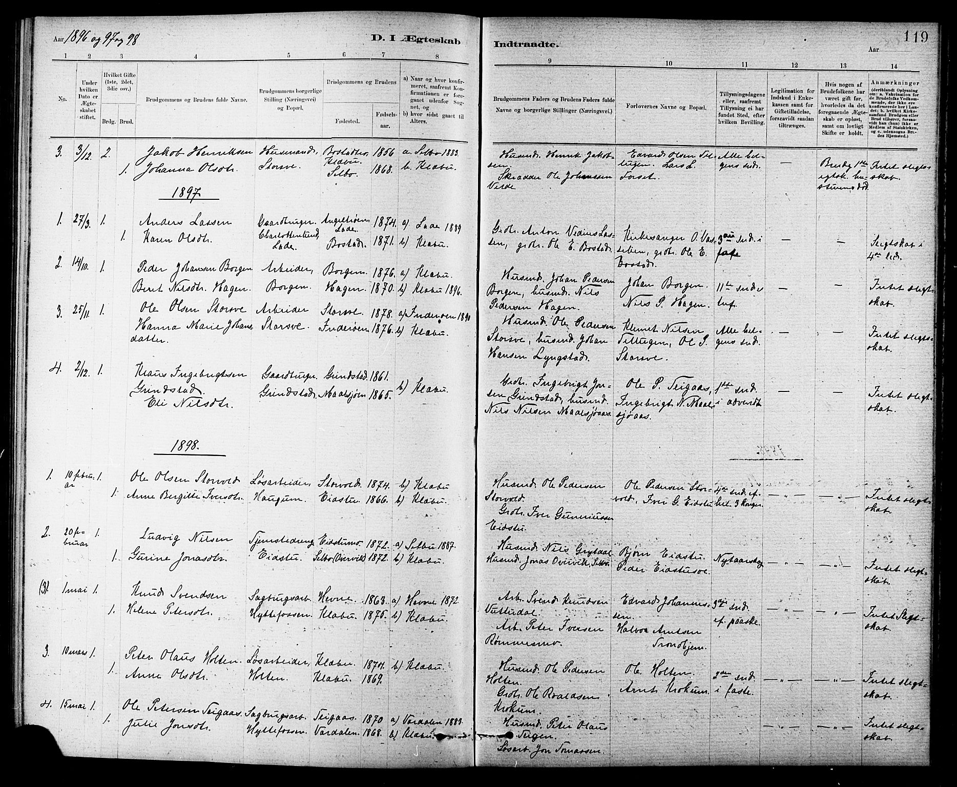 Ministerialprotokoller, klokkerbøker og fødselsregistre - Sør-Trøndelag, SAT/A-1456/618/L0452: Parish register (copy) no. 618C03, 1884-1906, p. 119