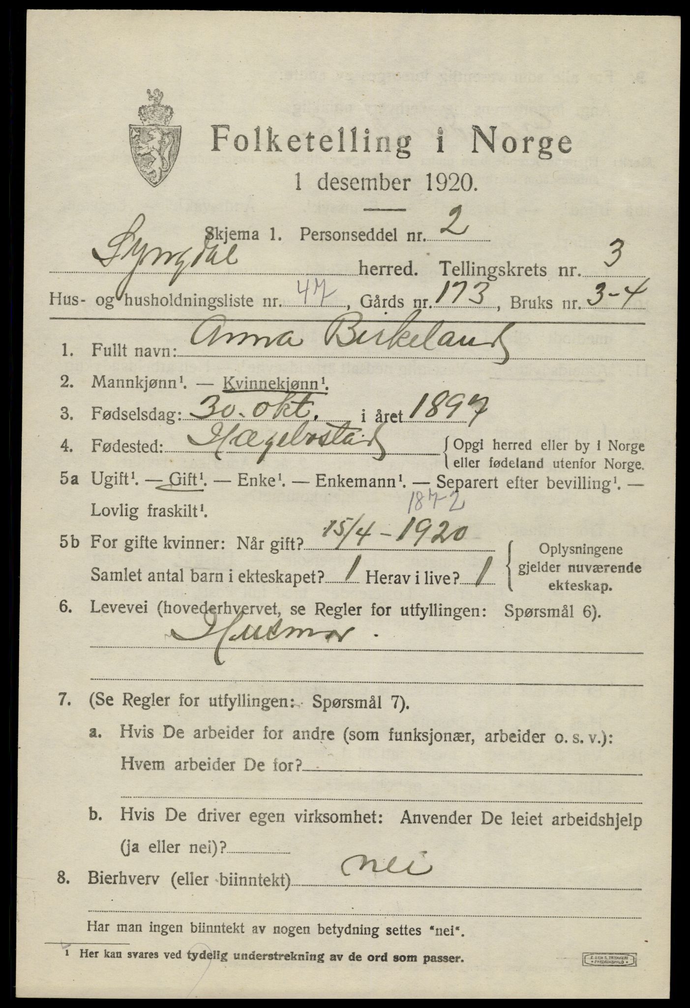 SAK, 1920 census for Lyngdal, 1920, p. 2295