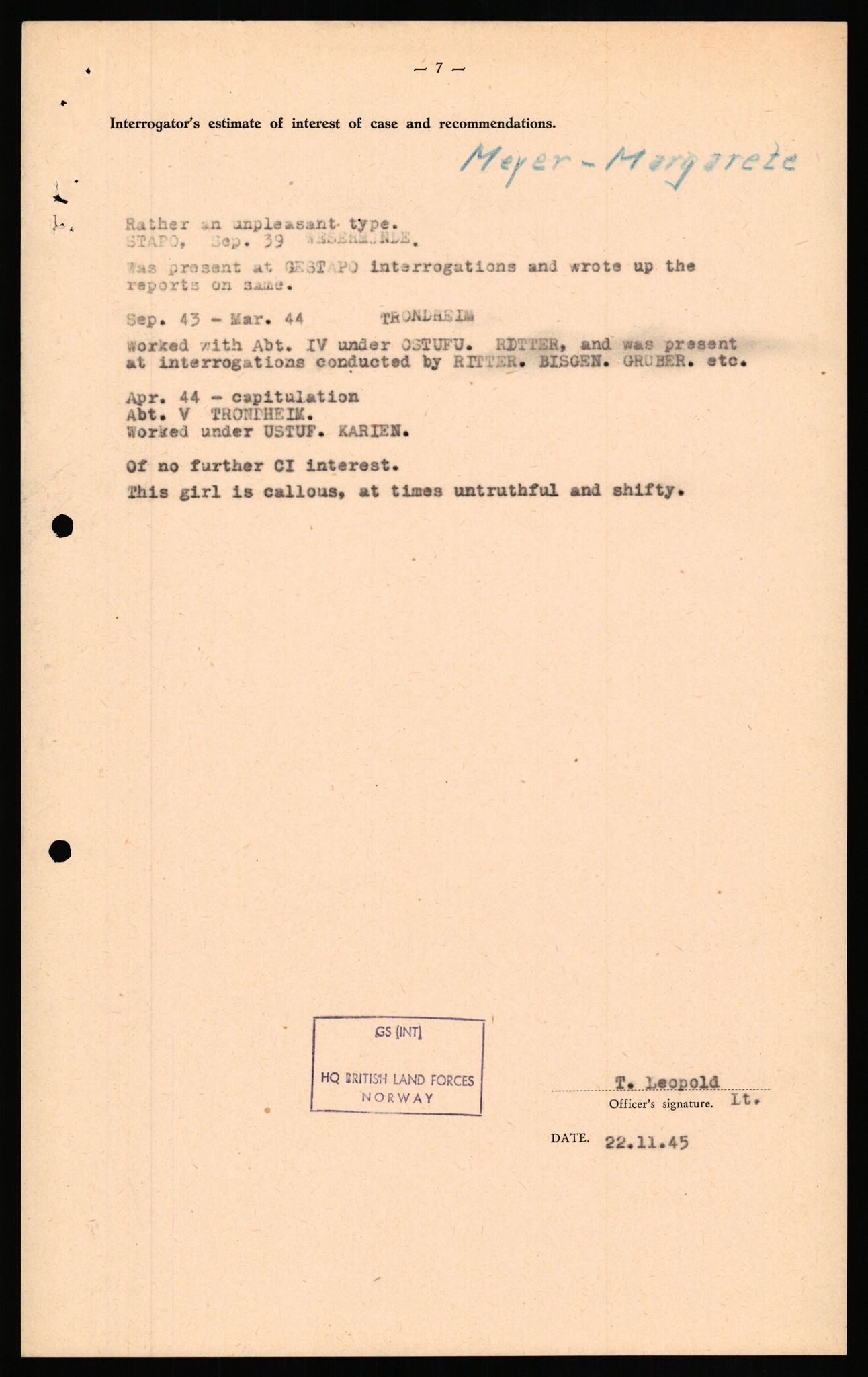Forsvaret, Forsvarets overkommando II, RA/RAFA-3915/D/Db/L0022: CI Questionaires. Tyske okkupasjonsstyrker i Norge. Tyskere., 1945-1946, p. 106