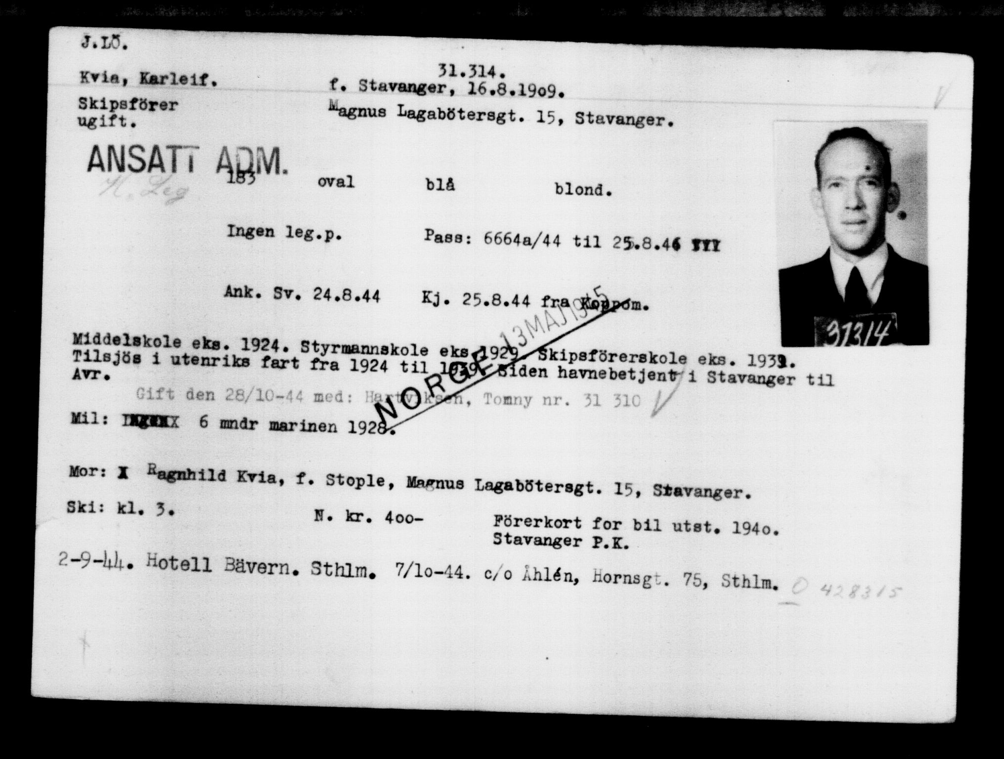 Utenriksstasjonene, Legasjonen i Stockholm, Flyktningkontoret, AV/RA-S-6753/V/Va/L0012: Kjesäterkartoteket, flyktninger med registreringsnr. 28300-31566, 1940-1945, p. 3266