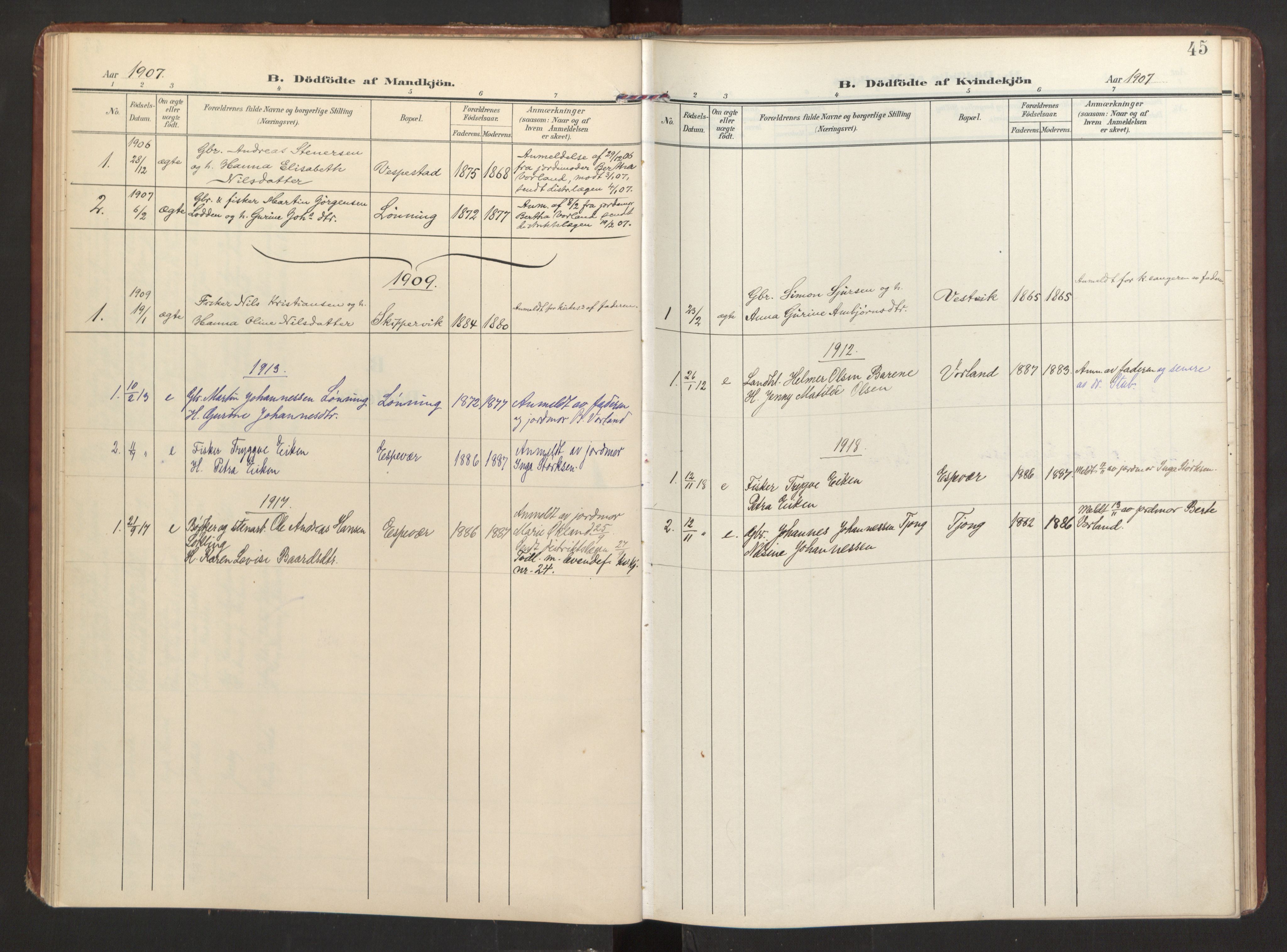 Finnås sokneprestembete, SAB/A-99925/H/Ha/Haa/Haad/L0003: Parish register (official) no. D 3, 1907-1921, p. 45