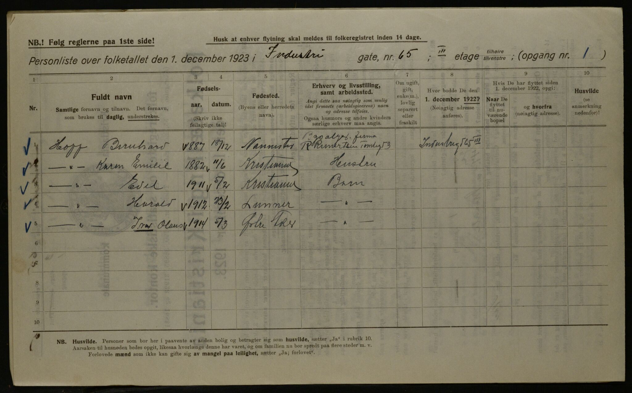 OBA, Municipal Census 1923 for Kristiania, 1923, p. 48884