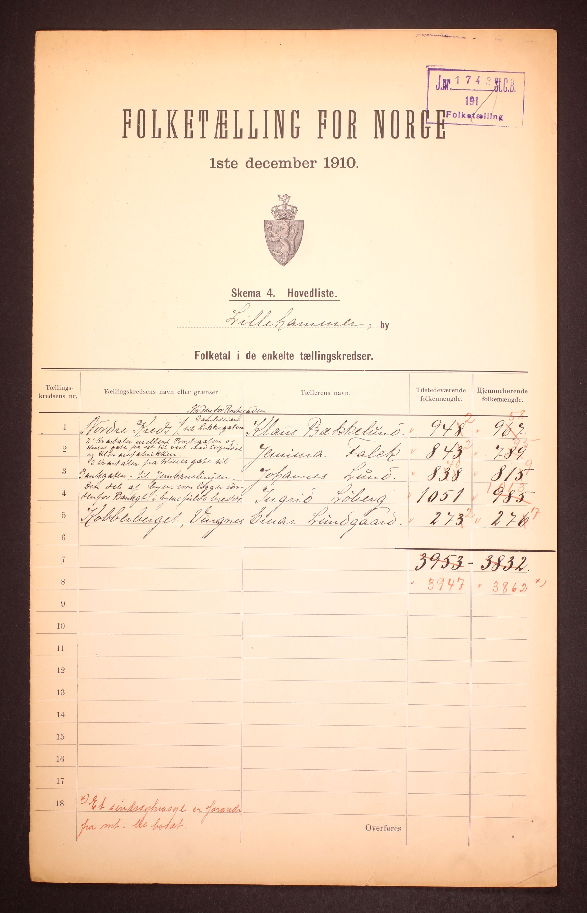 RA, 1910 census for Lillehammer, 1910, p. 2