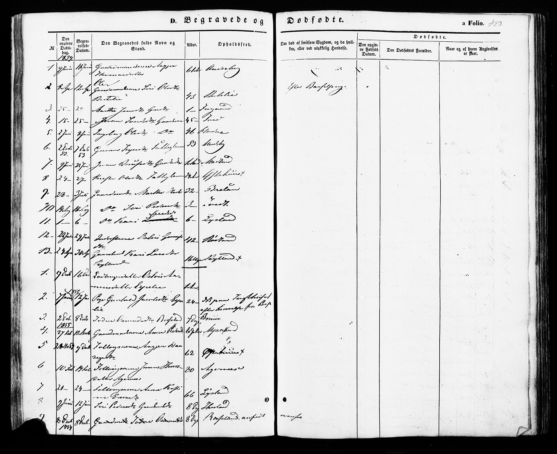 Åseral sokneprestkontor, SAK/1111-0051/F/Fa/L0002: Parish register (official) no. A 2, 1854-1884, p. 423