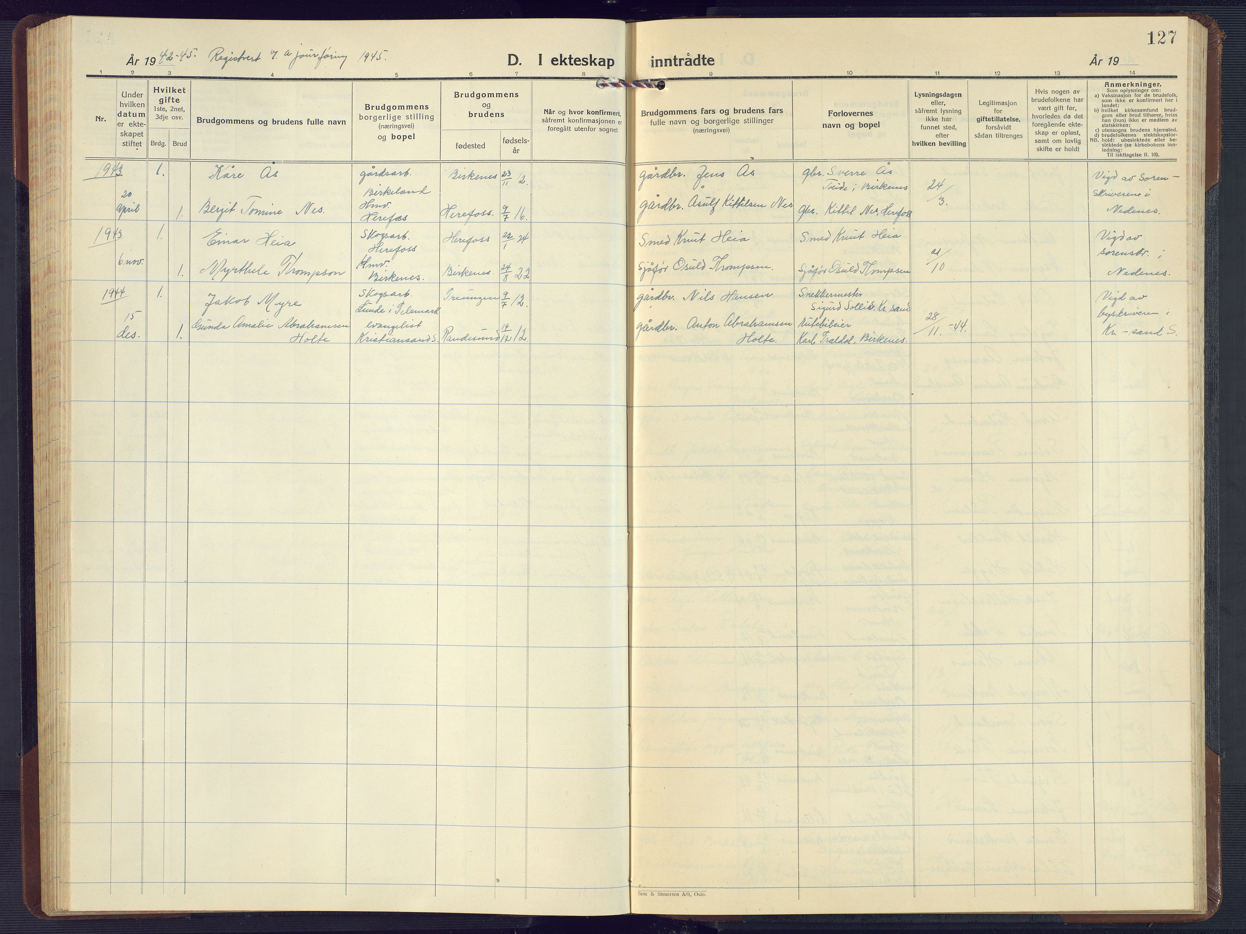 Birkenes sokneprestkontor, SAK/1111-0004/F/Fb/L0005: Parish register (copy) no. B 5, 1930-1957, p. 127