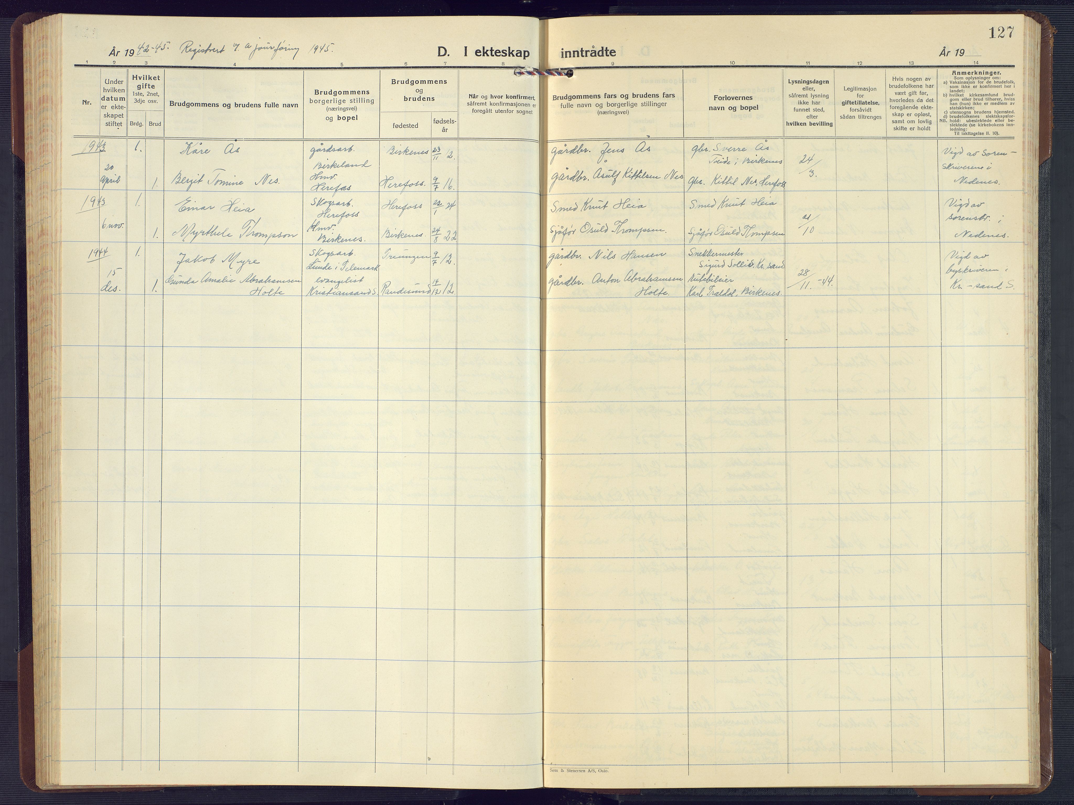 Birkenes sokneprestkontor, AV/SAK-1111-0004/F/Fb/L0005: Parish register (copy) no. B 5, 1930-1957, p. 127