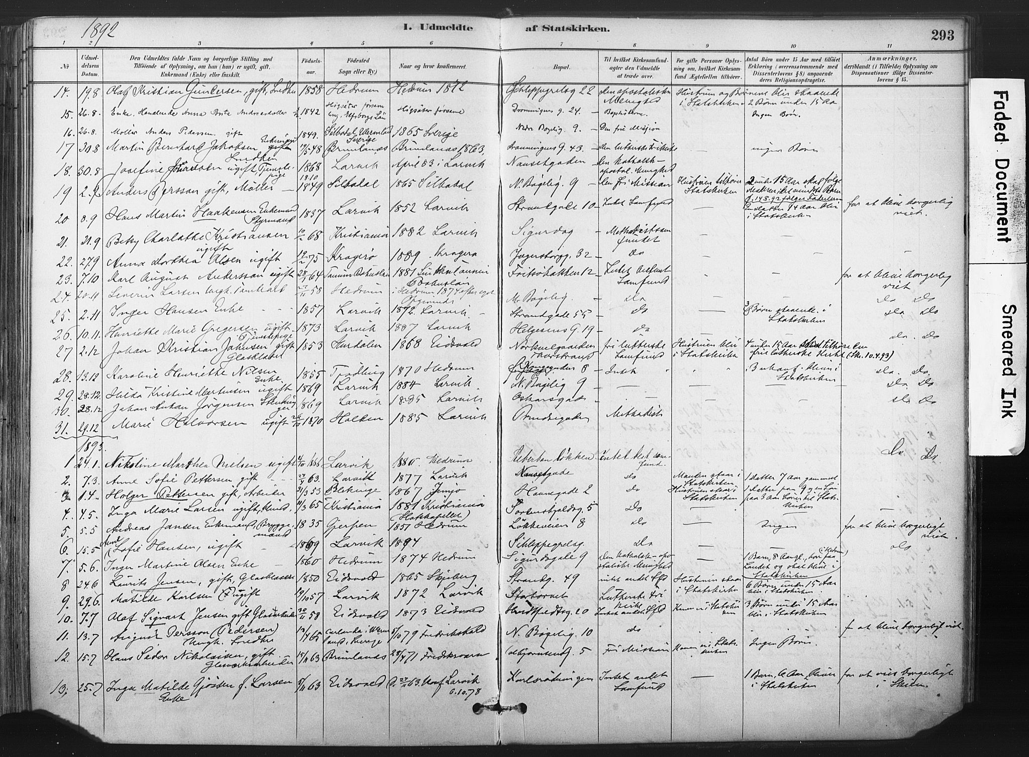 Larvik kirkebøker, SAKO/A-352/F/Fa/L0010: Parish register (official) no. I 10, 1884-1910, p. 293