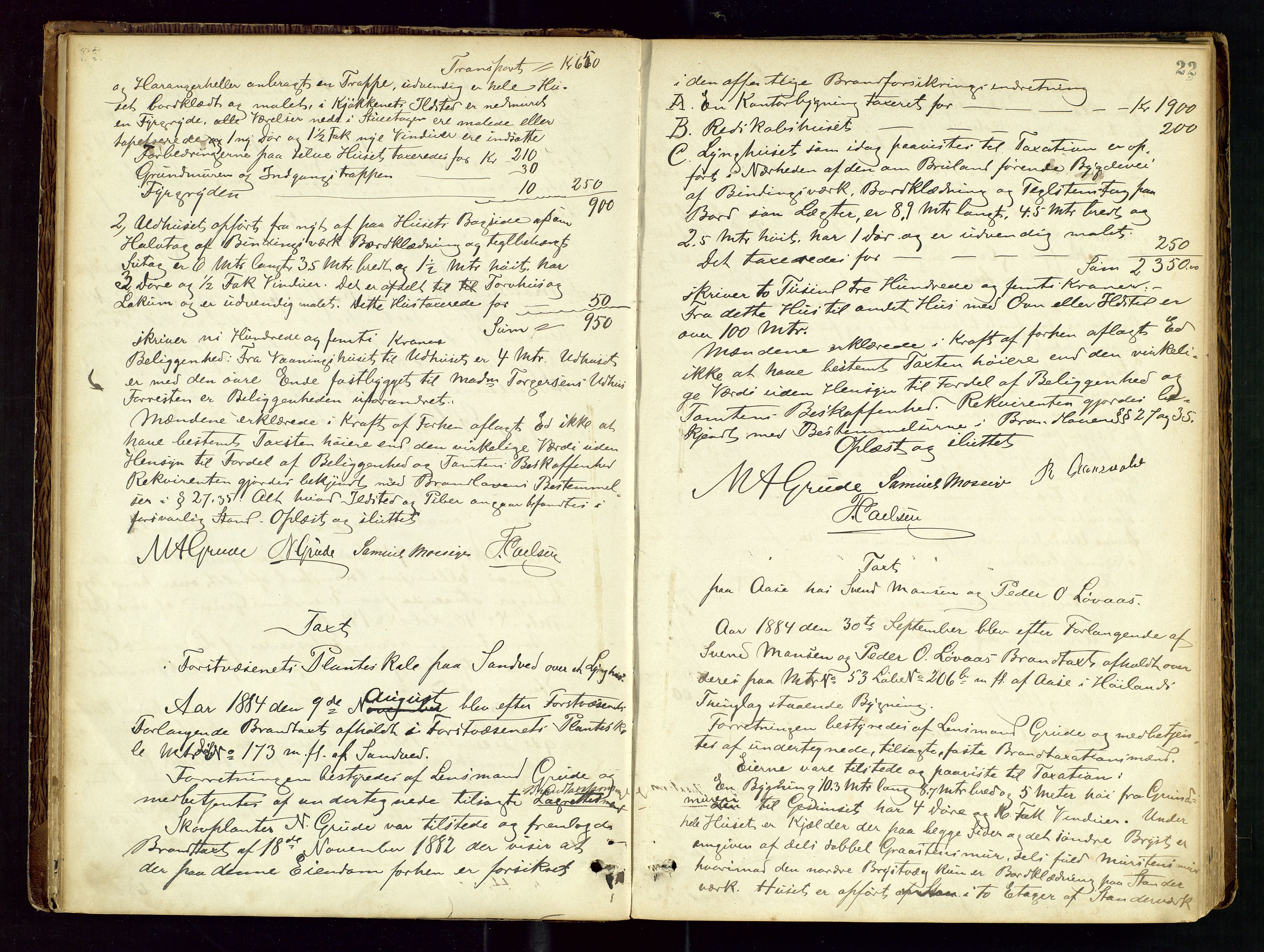 Høyland/Sandnes lensmannskontor, AV/SAST-A-100166/Goa/L0002: "Brandtaxtprotokol for Landafdelingen i Høiland", 1880-1917, p. 21b-22a