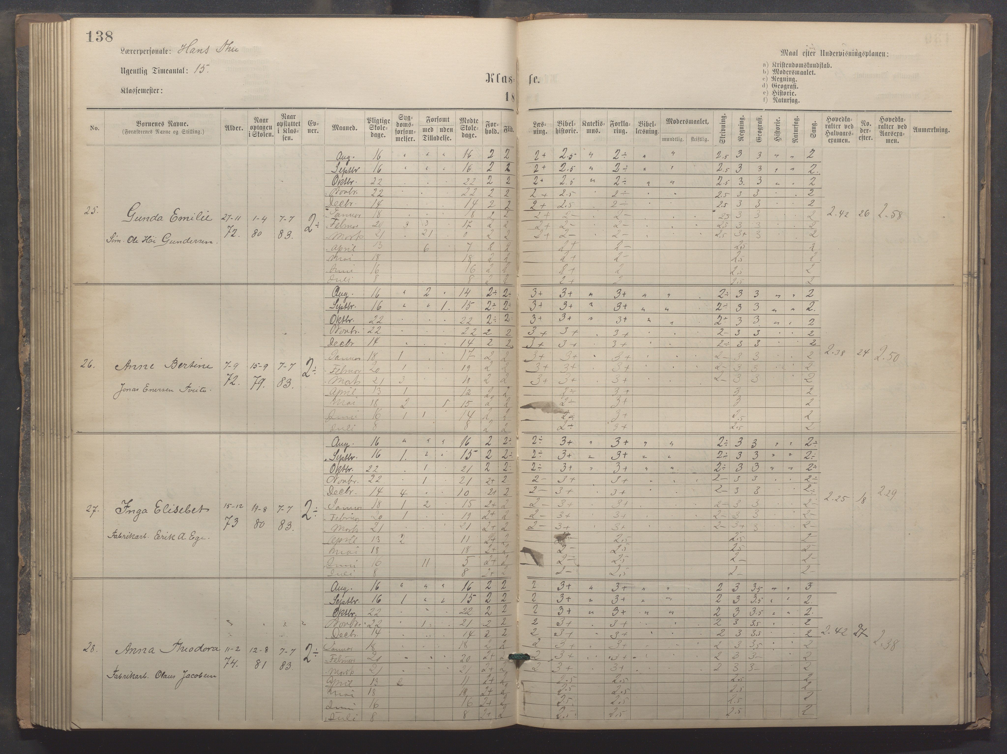 Egersund kommune (Ladested) - Egersund almueskole/folkeskole, IKAR/K-100521/H/L0020: Skoleprotokoll - Almueskolen, 3./4. klasse, 1878-1887, p. 138