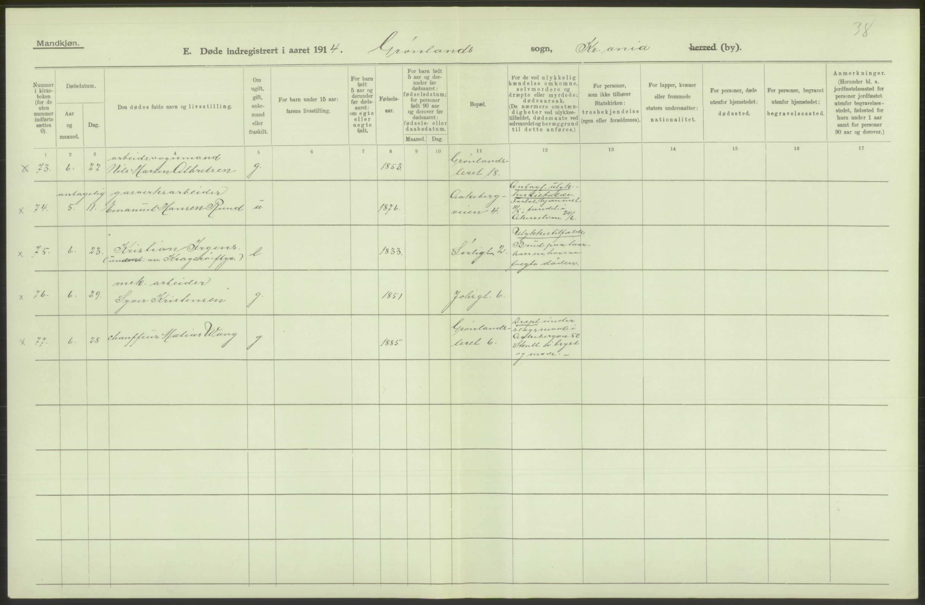 Statistisk sentralbyrå, Sosiodemografiske emner, Befolkning, AV/RA-S-2228/D/Df/Dfb/Dfbd/L0008: Kristiania: Døde, 1914, p. 498