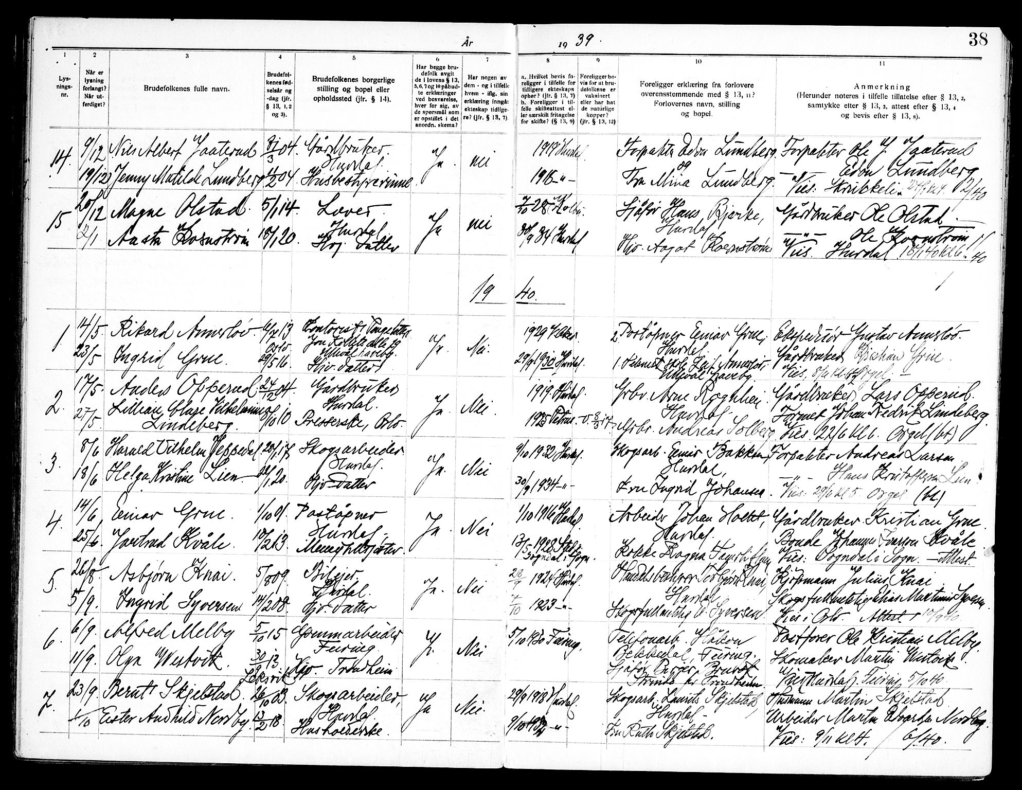 Hurdal prestekontor Kirkebøker, AV/SAO-A-10889/H/Ha/L0001: Banns register no. 1, 1919-1969, p. 38