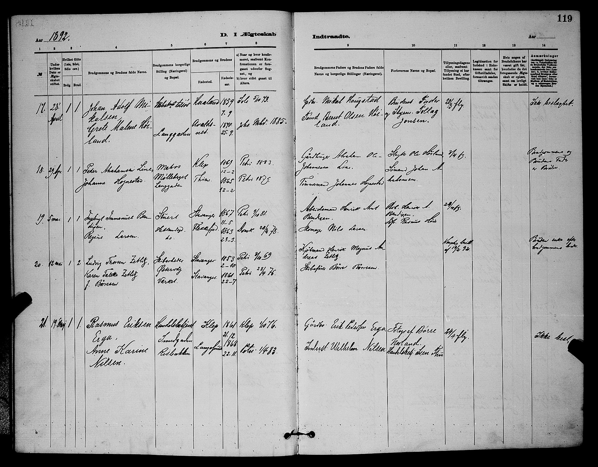 St. Johannes sokneprestkontor, AV/SAST-A-101814/001/30/30BB/L0001: Parish register (copy) no. B 1, 1885-1897, p. 119