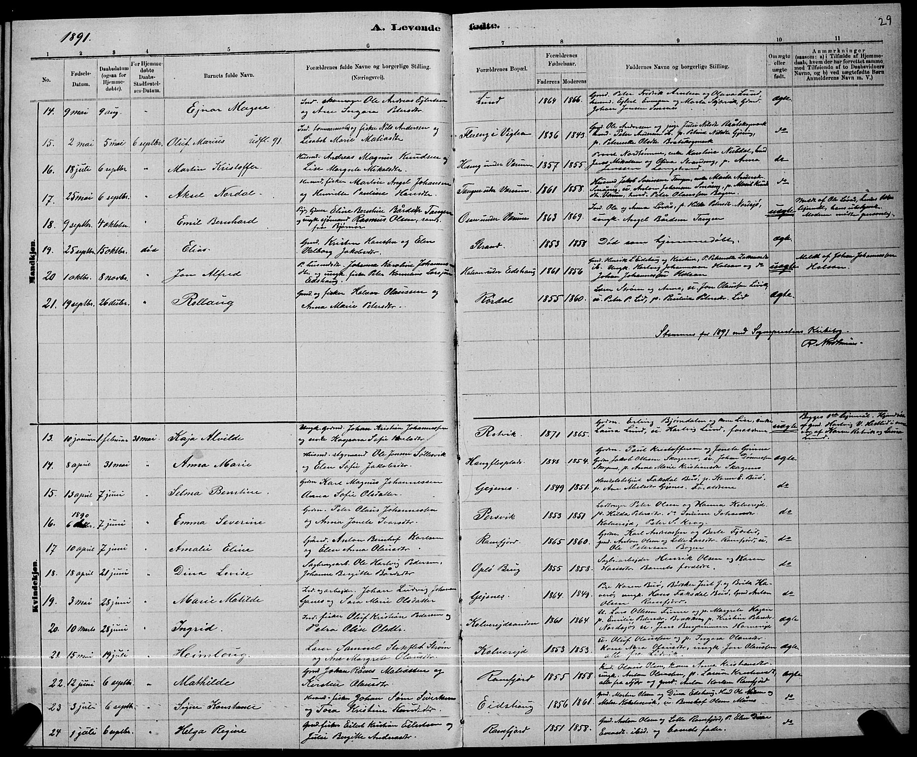 Ministerialprotokoller, klokkerbøker og fødselsregistre - Nord-Trøndelag, SAT/A-1458/780/L0651: Parish register (copy) no. 780C03, 1884-1898, p. 29