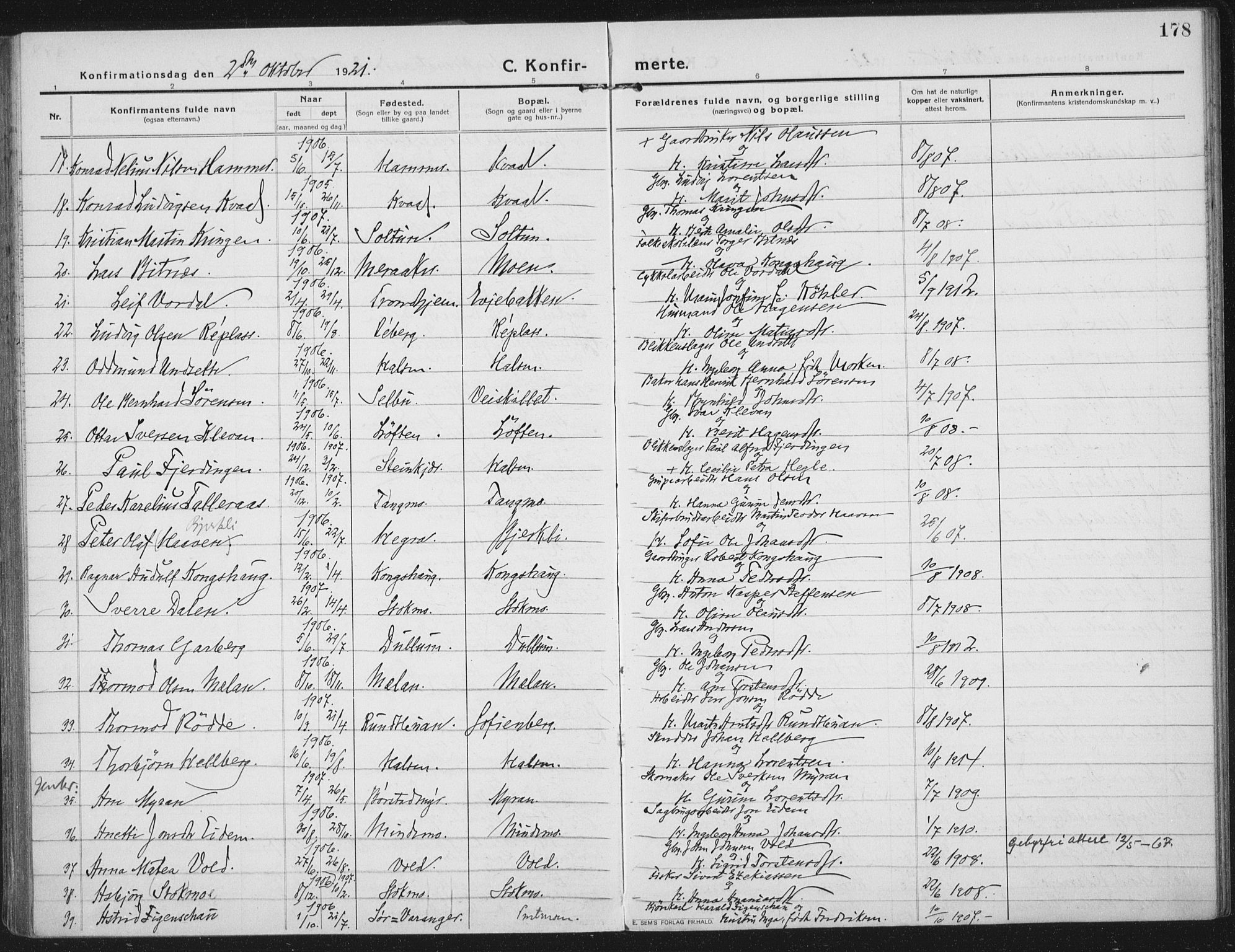 Ministerialprotokoller, klokkerbøker og fødselsregistre - Nord-Trøndelag, SAT/A-1458/709/L0083: Parish register (official) no. 709A23, 1916-1928, p. 178