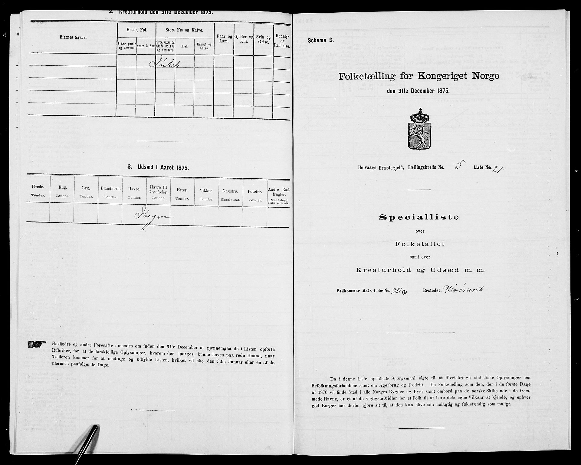 SAK, 1875 census for 0927P Høvåg, 1875, p. 665