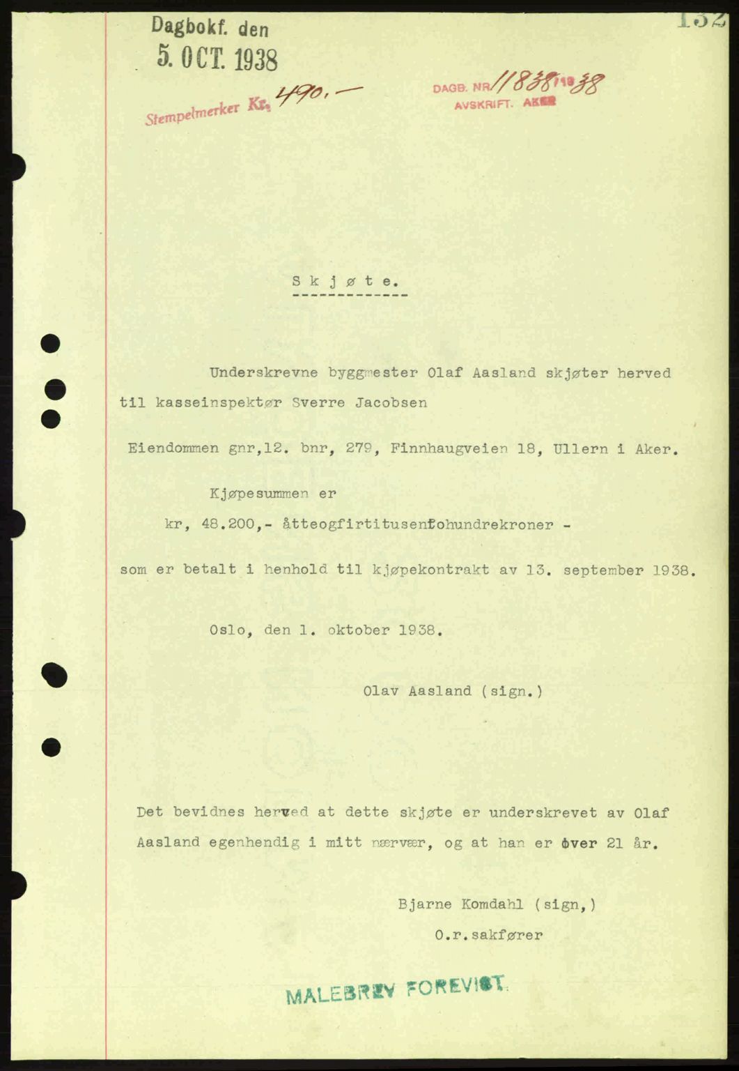 Aker herredsskriveri, SAO/A-10896/G/Gb/Gba/Gbab/L0025: Mortgage book no. A154-155, 1938-1938, Diary no: : 11838/1938