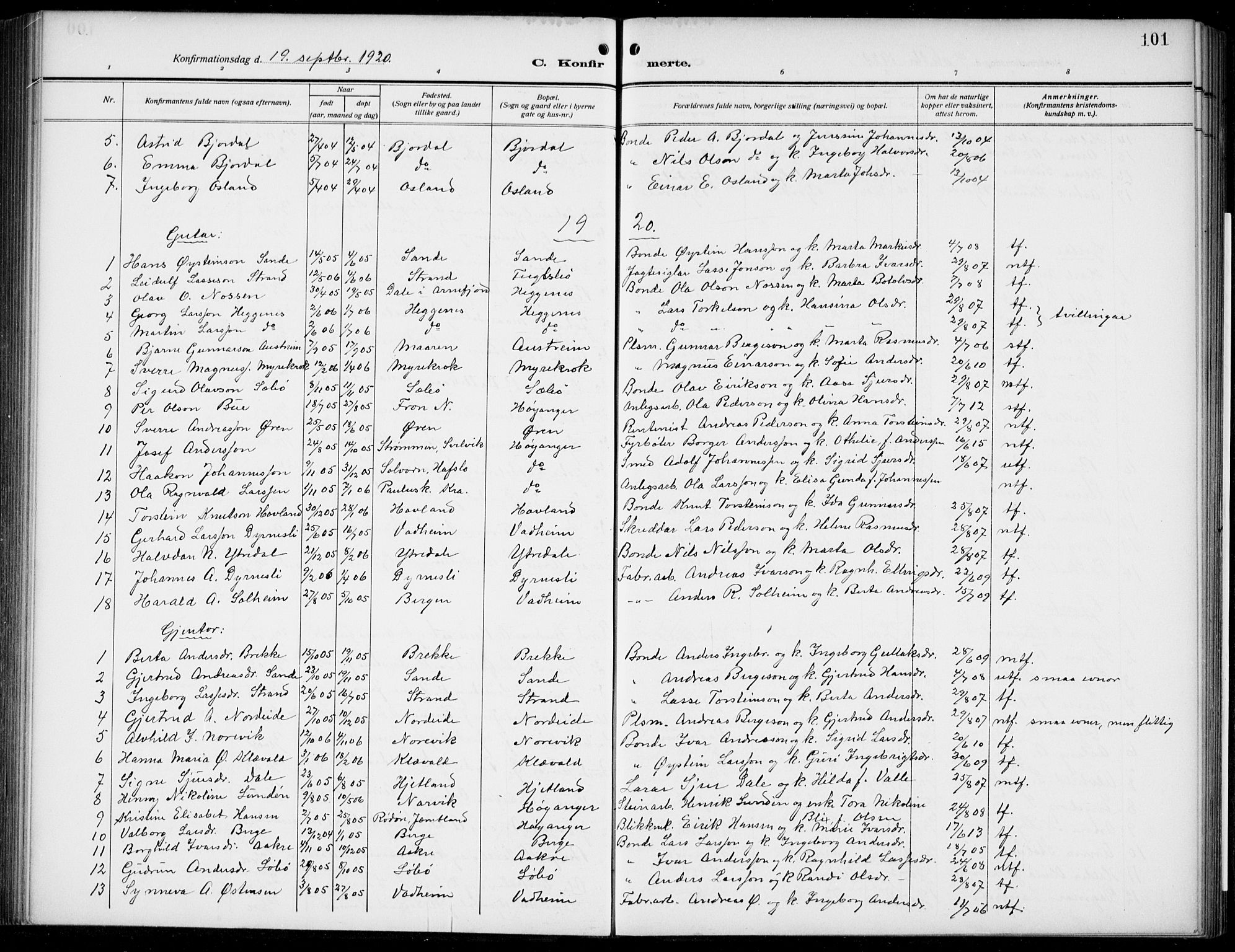 Lavik sokneprestembete, SAB/A-80901: Parish register (copy) no. B 4, 1914-1937, p. 101
