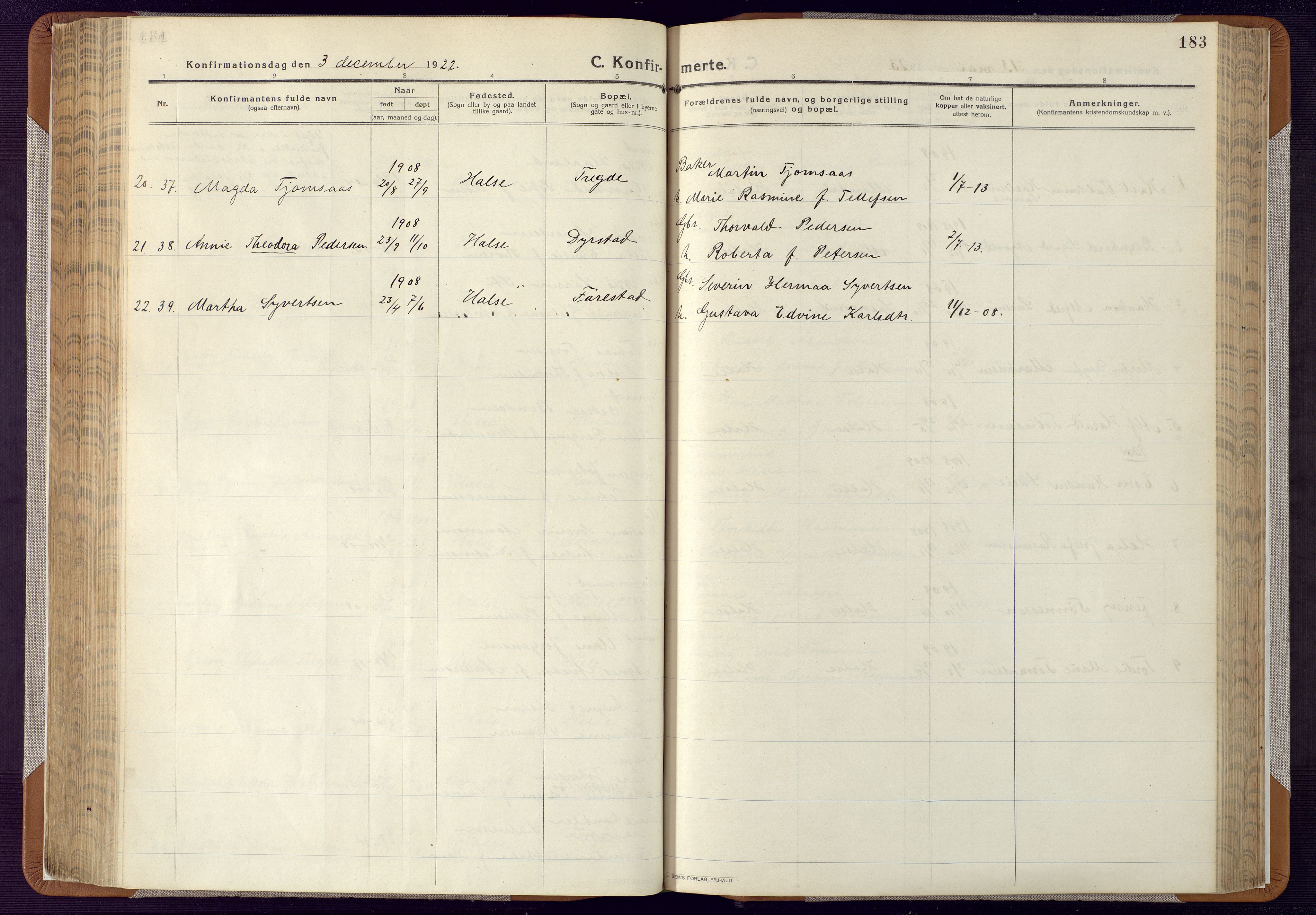 Mandal sokneprestkontor, AV/SAK-1111-0030/F/Fa/Faa/L0022: Parish register (official) no. A 22, 1913-1925, p. 183