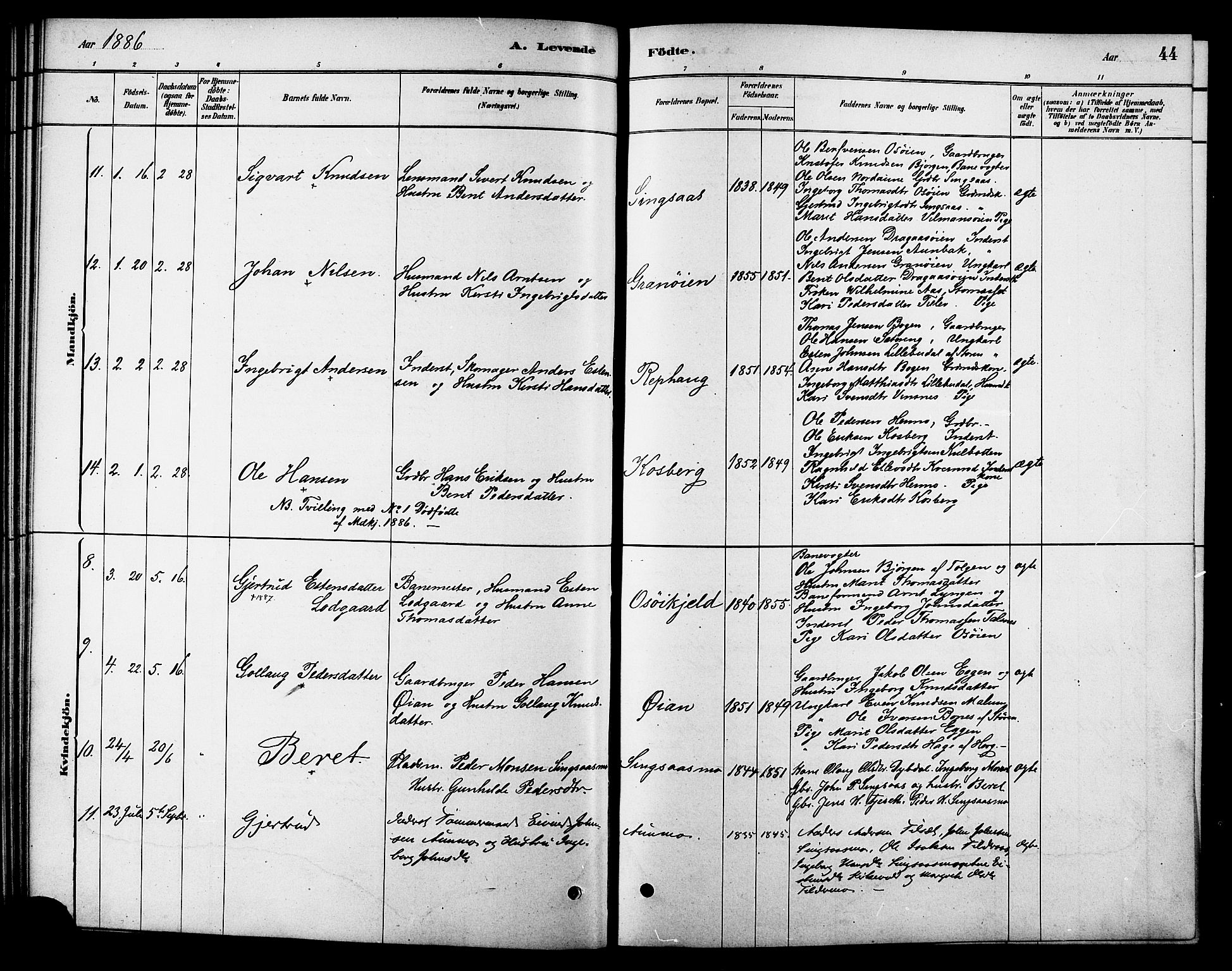 Ministerialprotokoller, klokkerbøker og fødselsregistre - Sør-Trøndelag, AV/SAT-A-1456/688/L1024: Parish register (official) no. 688A01, 1879-1890, p. 44