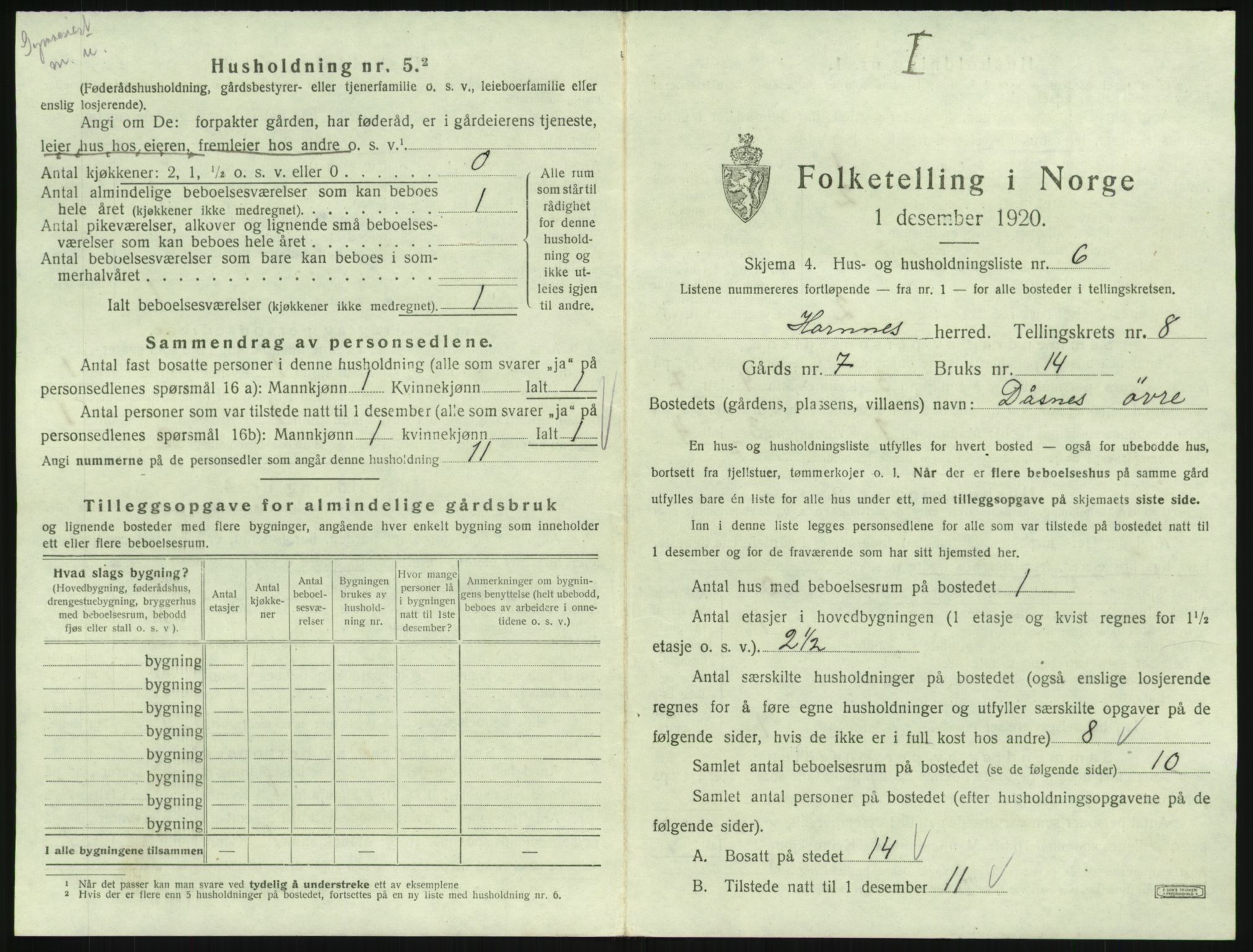 SAK, 1920 census for Hornnes, 1920, p. 301