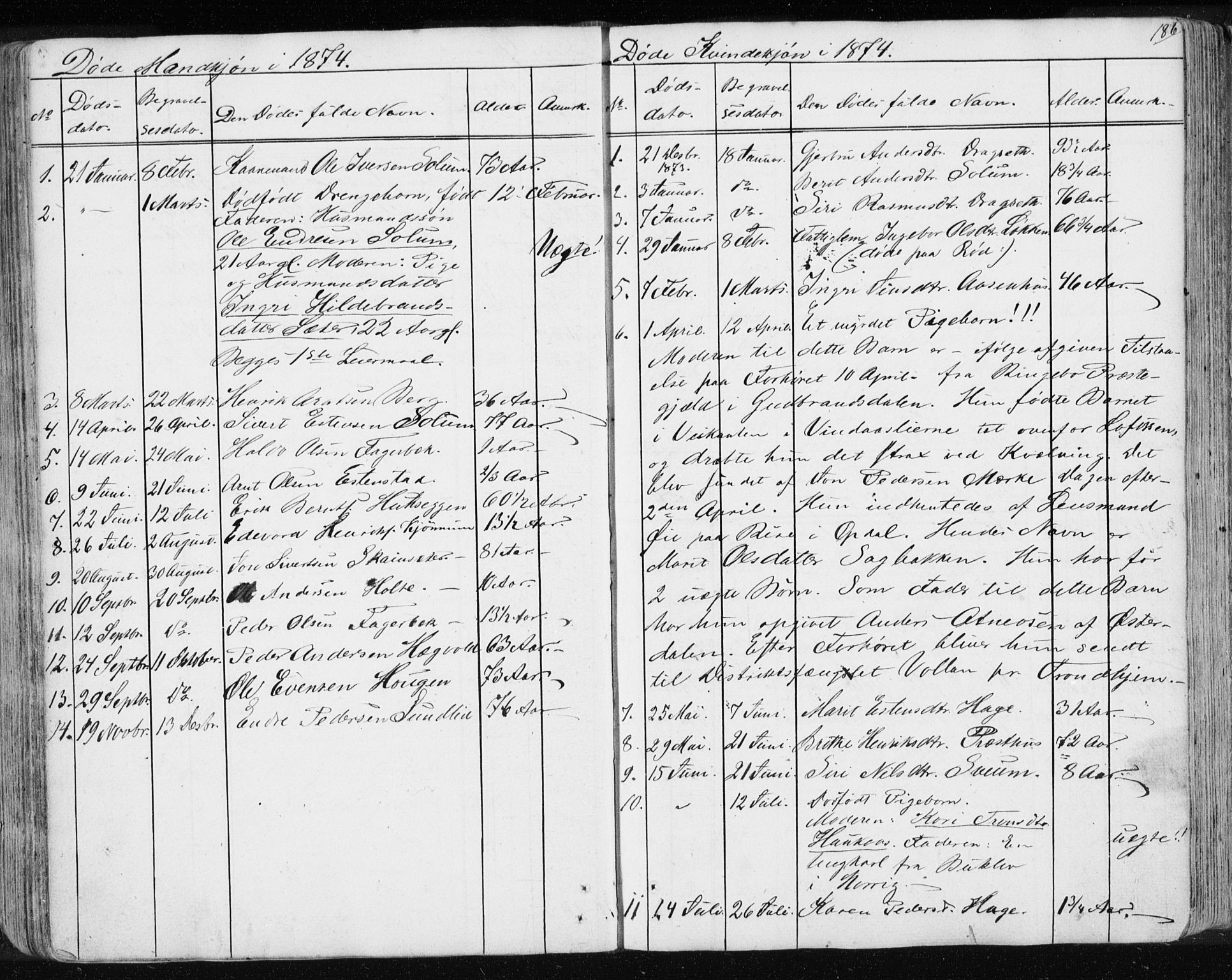 Ministerialprotokoller, klokkerbøker og fødselsregistre - Sør-Trøndelag, SAT/A-1456/689/L1043: Parish register (copy) no. 689C02, 1816-1892, p. 186