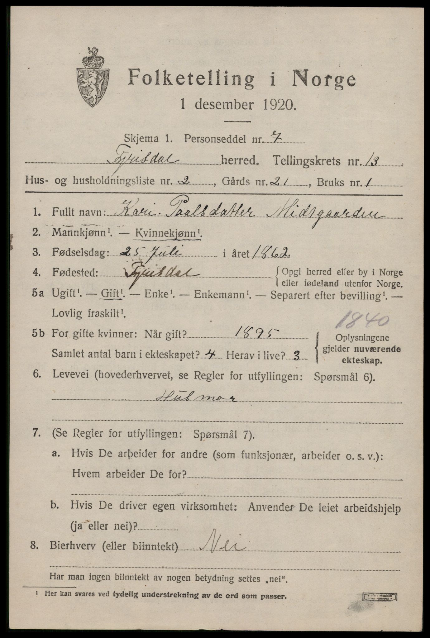 SAKO, 1920 census for Fyresdal, 1920, p. 4285